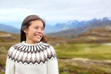 Woman on Iceland in Icelandic Sweater Stock Photo - Image of cheerful ...