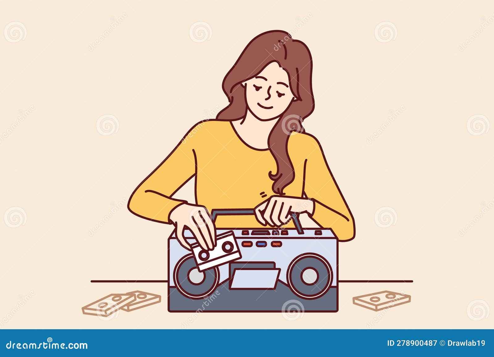 Woman Inserts Tape Cassette into Player To Turn on Music and Start Woman Inserts Tape Cassette into Player To Turn on Music and Start