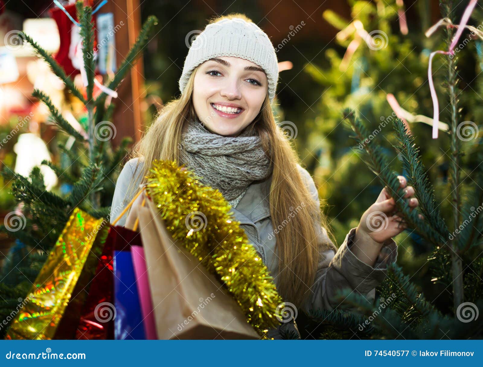 Woman inspecting fir trees stock image. Image of happy - 74540577