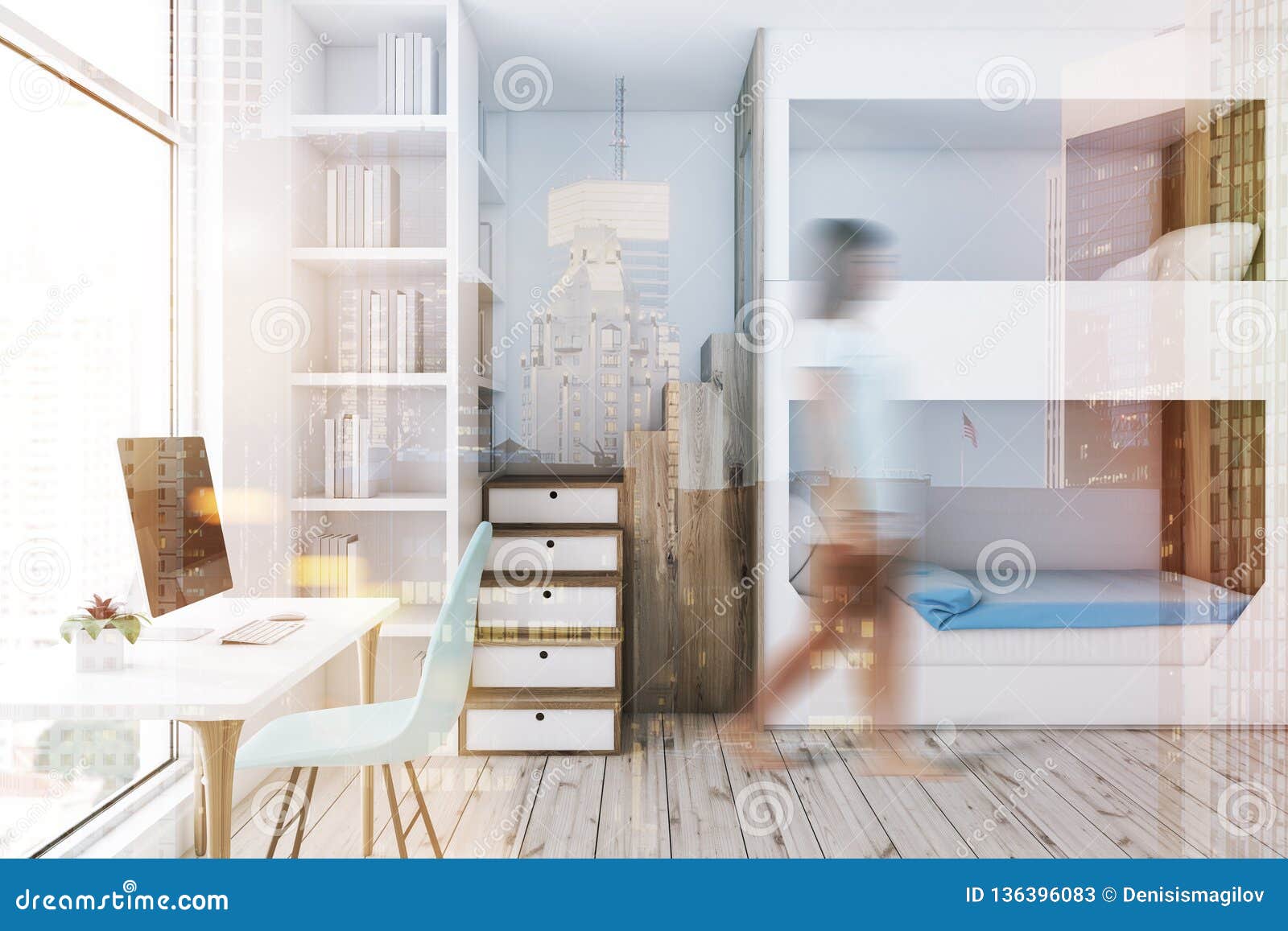 White Bunk Bed Bedroom Computer Desk Girl Stock Image Image Of