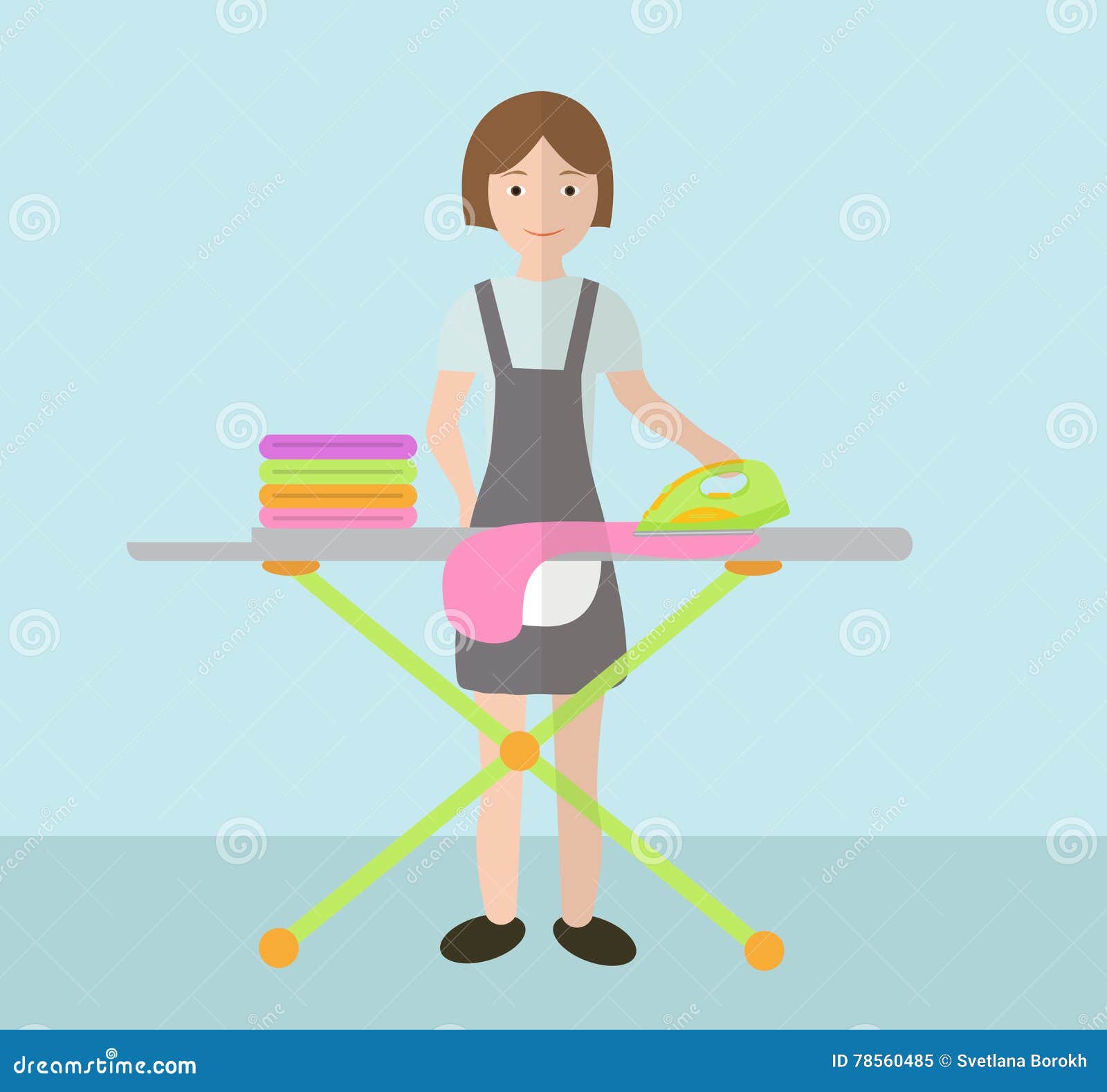 Woman Irons Clothes. Ironing Board and Iron Stock Vector Illustration