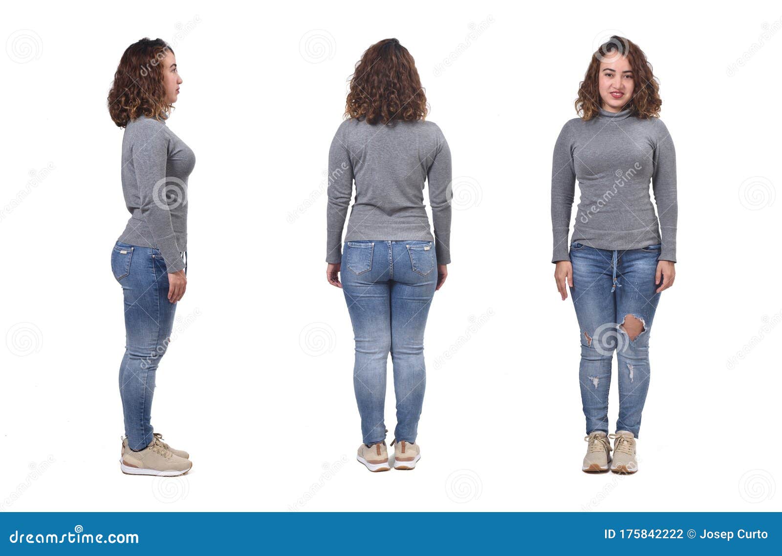 Woman With Jeans Front Back And Side View On White Background Stock