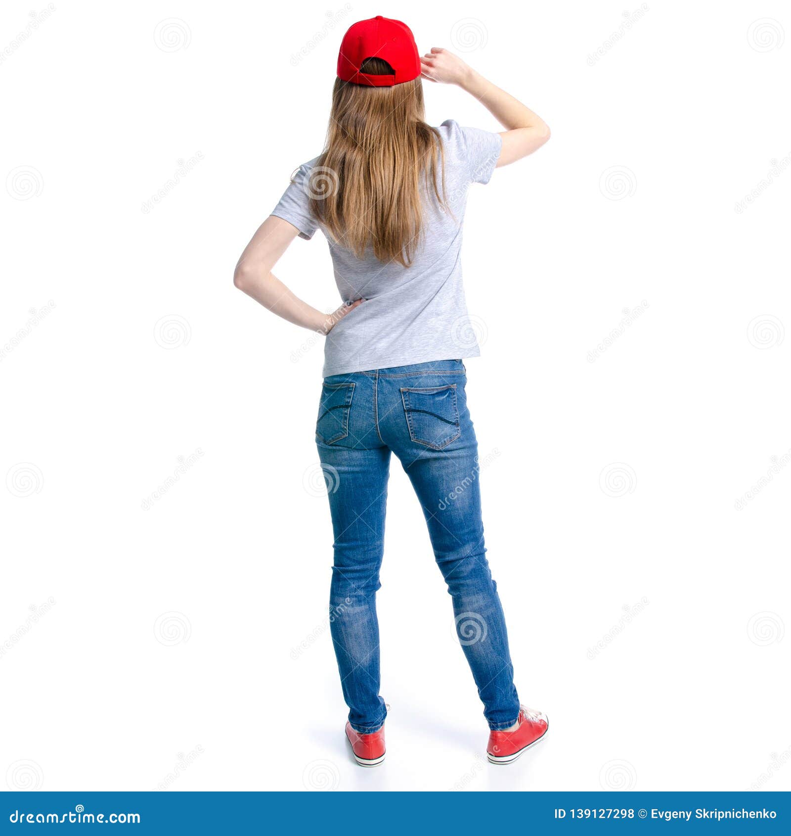 red cap blue jeans