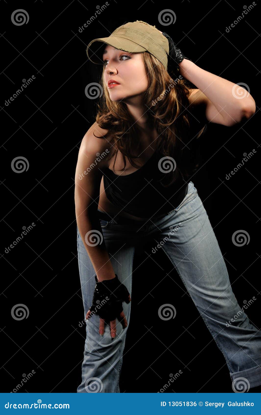 The Woman in Jeans and a Stylish Cap Stock Photo Image of military, adults 13051836