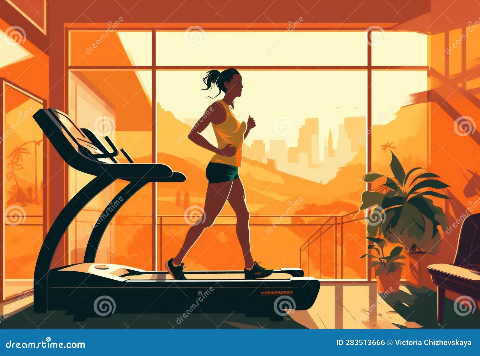 Woman Health Fitness Treadmill Fit Illustration Training Run Exercise Style Boho Sport