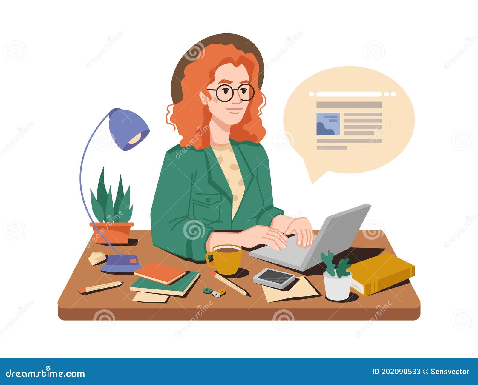 woman journalist write publication on computer