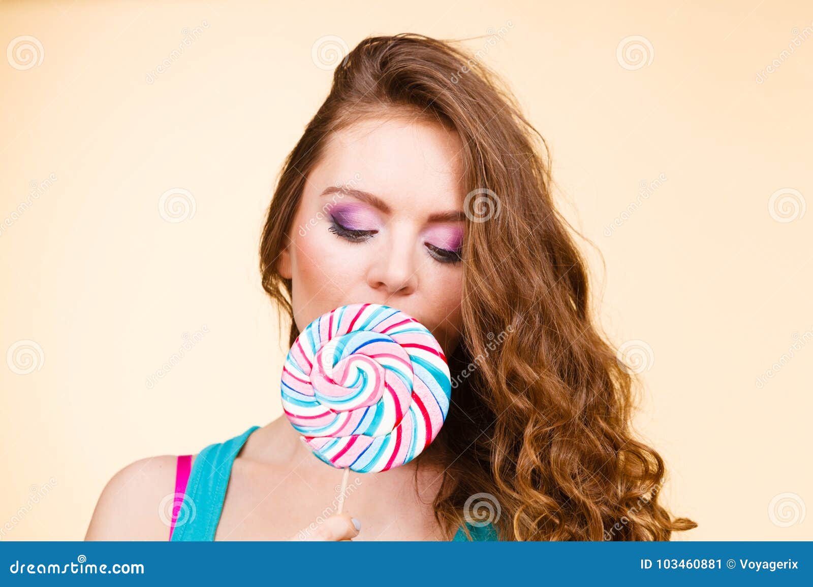 Woman Joyful Girl With Lollipop Candy Stock Image Image Of Lick Hair