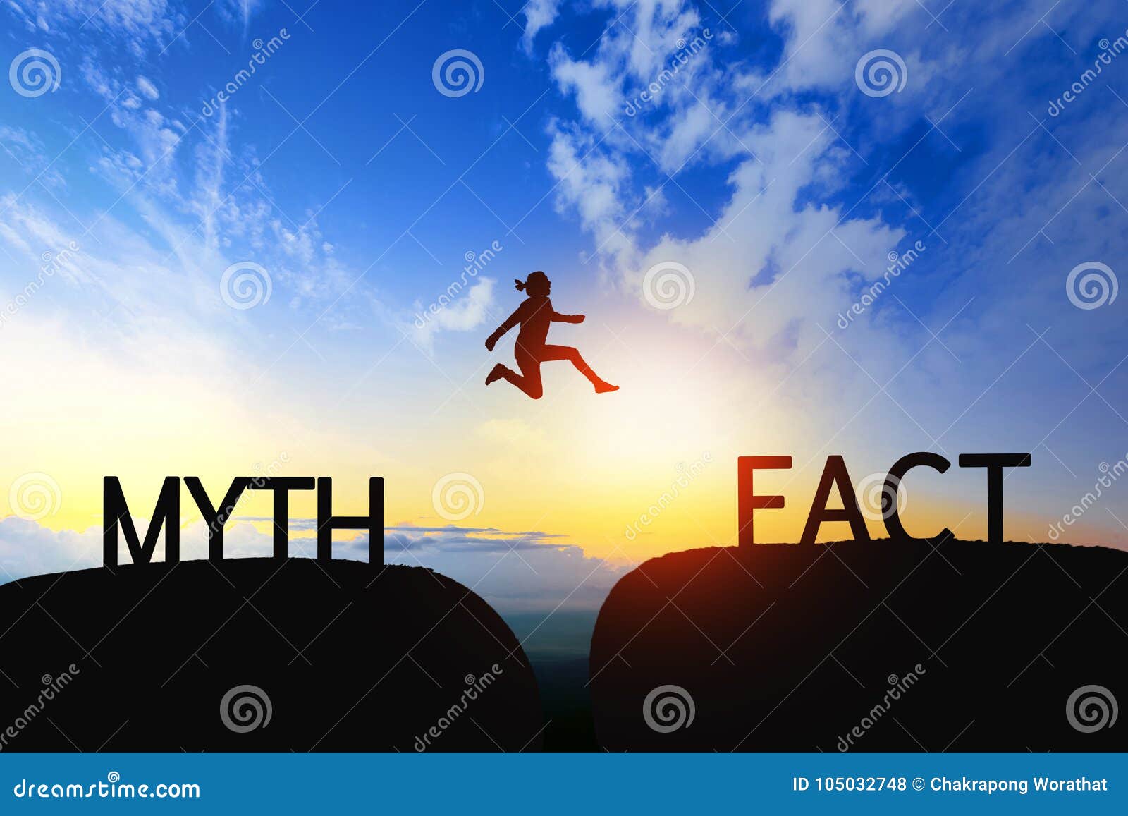 woman jump through the gap between myth to fact on sunset.