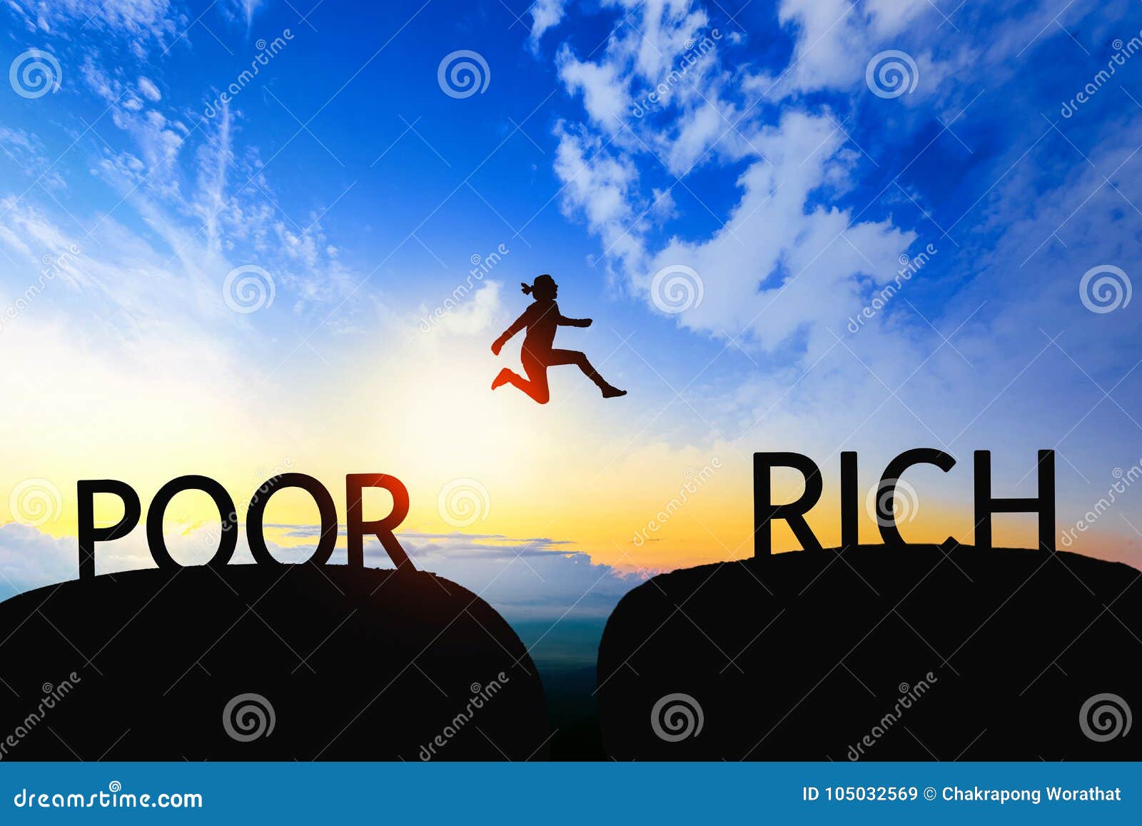 woman jump through the gap between poor to rich on sunset.