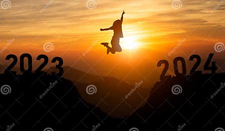 Woman Jump Happy New Year 2024 Concept, Silhouette of Woman Jumping ...