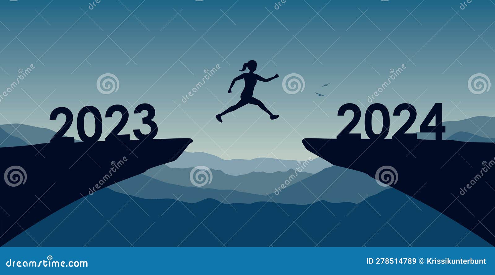 Woman Jumping Over a Cliff from 2023 To 2024 Happy New Year Stock