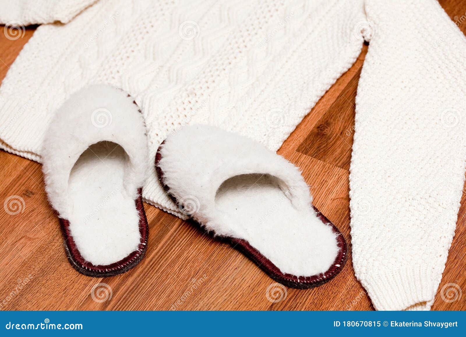 Woman Knitted Woolen Sweater and Fluffy Slippers Stock Image - Image of ...