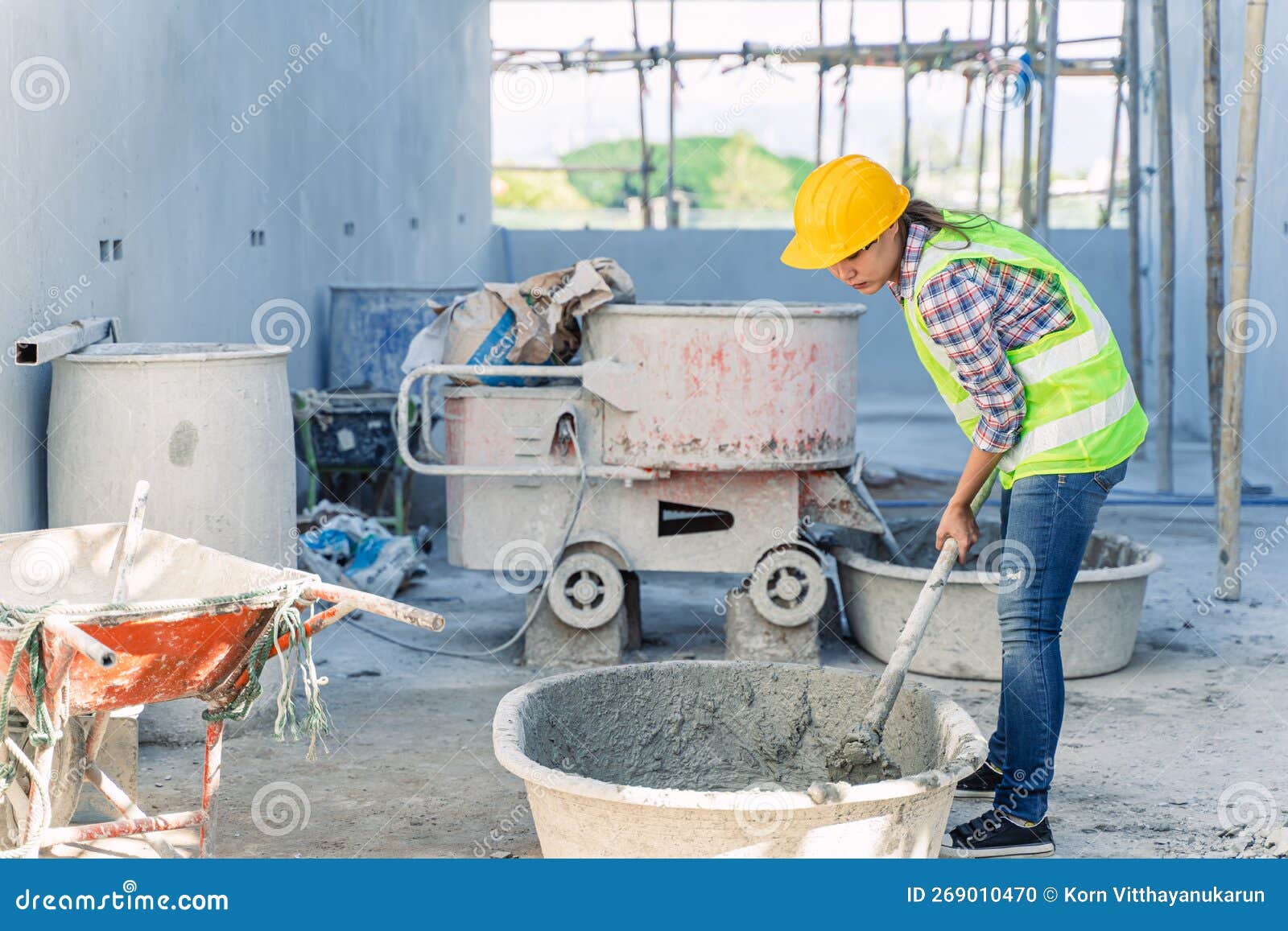Woman Labor Construction Worker Working Mix Concrete Hard Work at