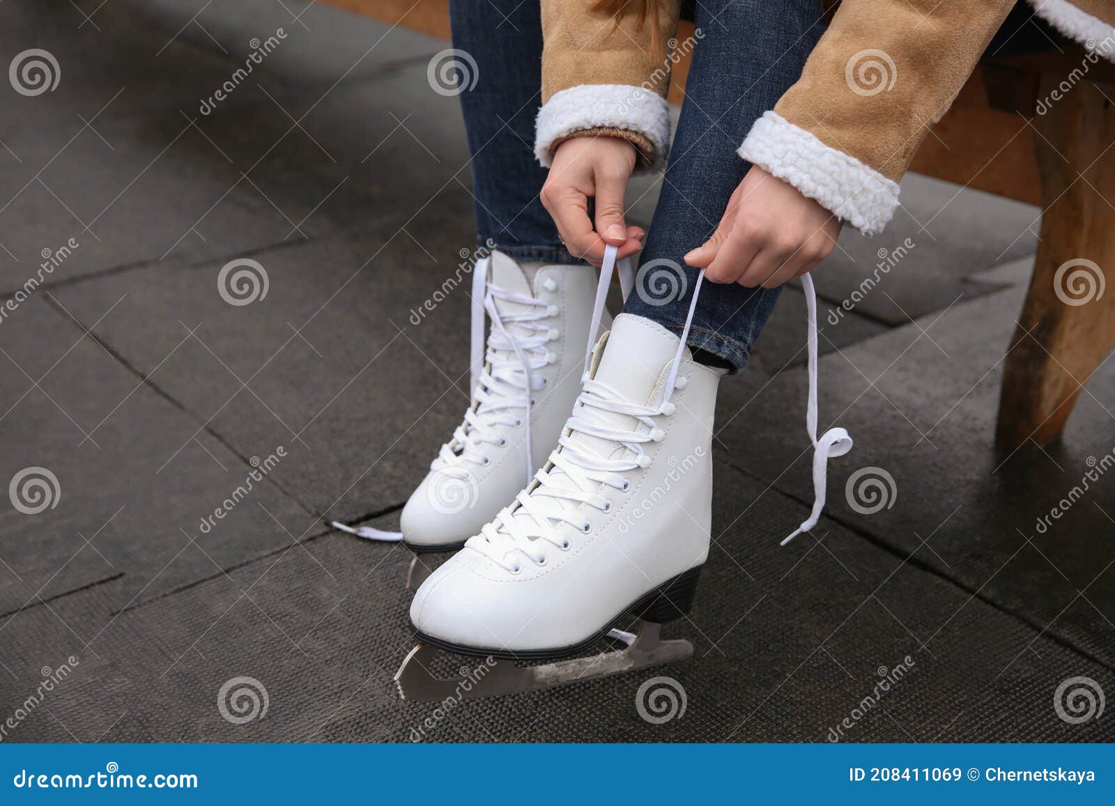 Woman Lacing Figure Skate Outdoors, Closeup View Stock Image Image of activity, bench 208411069