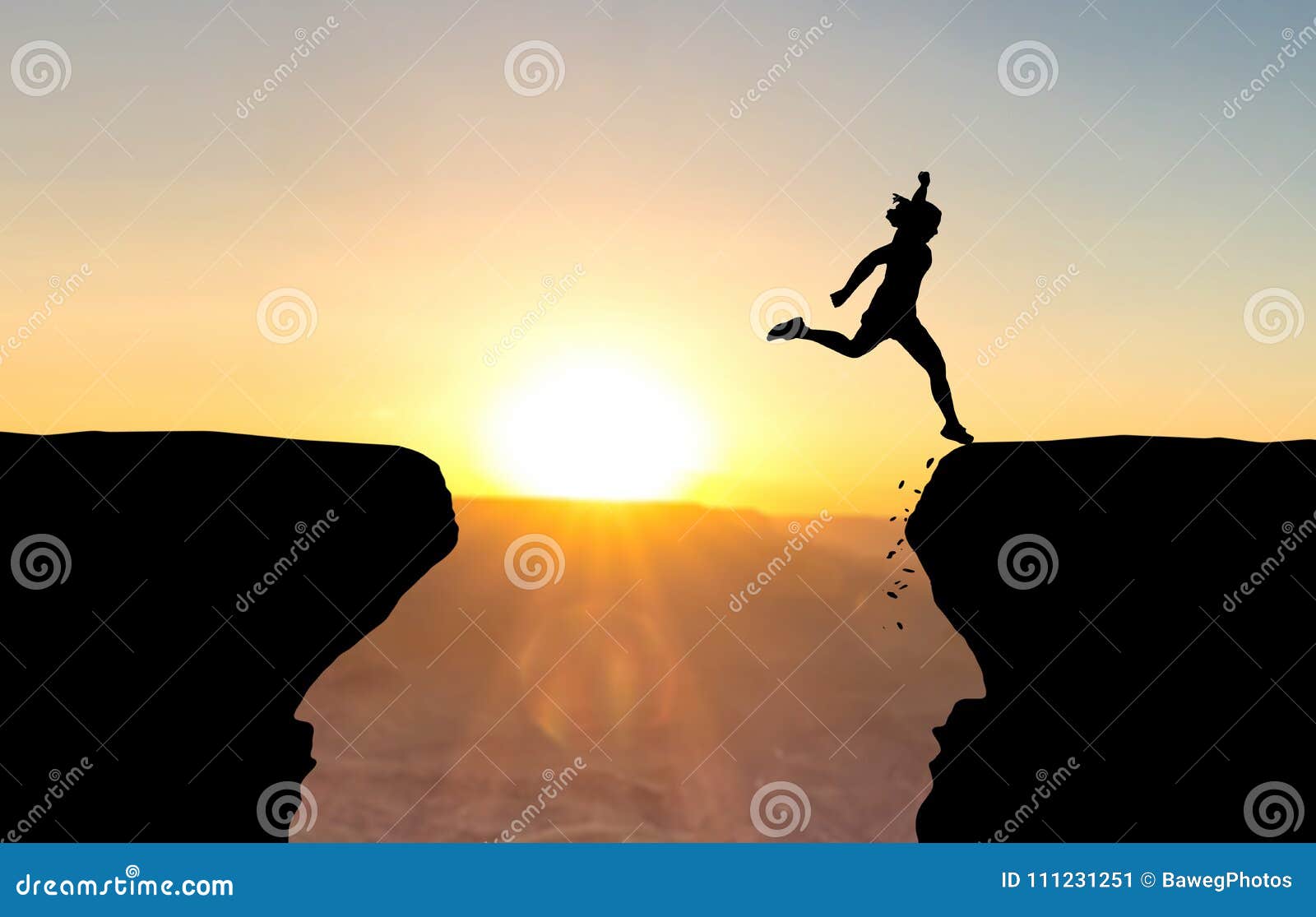 woman landing after jump over abyss.