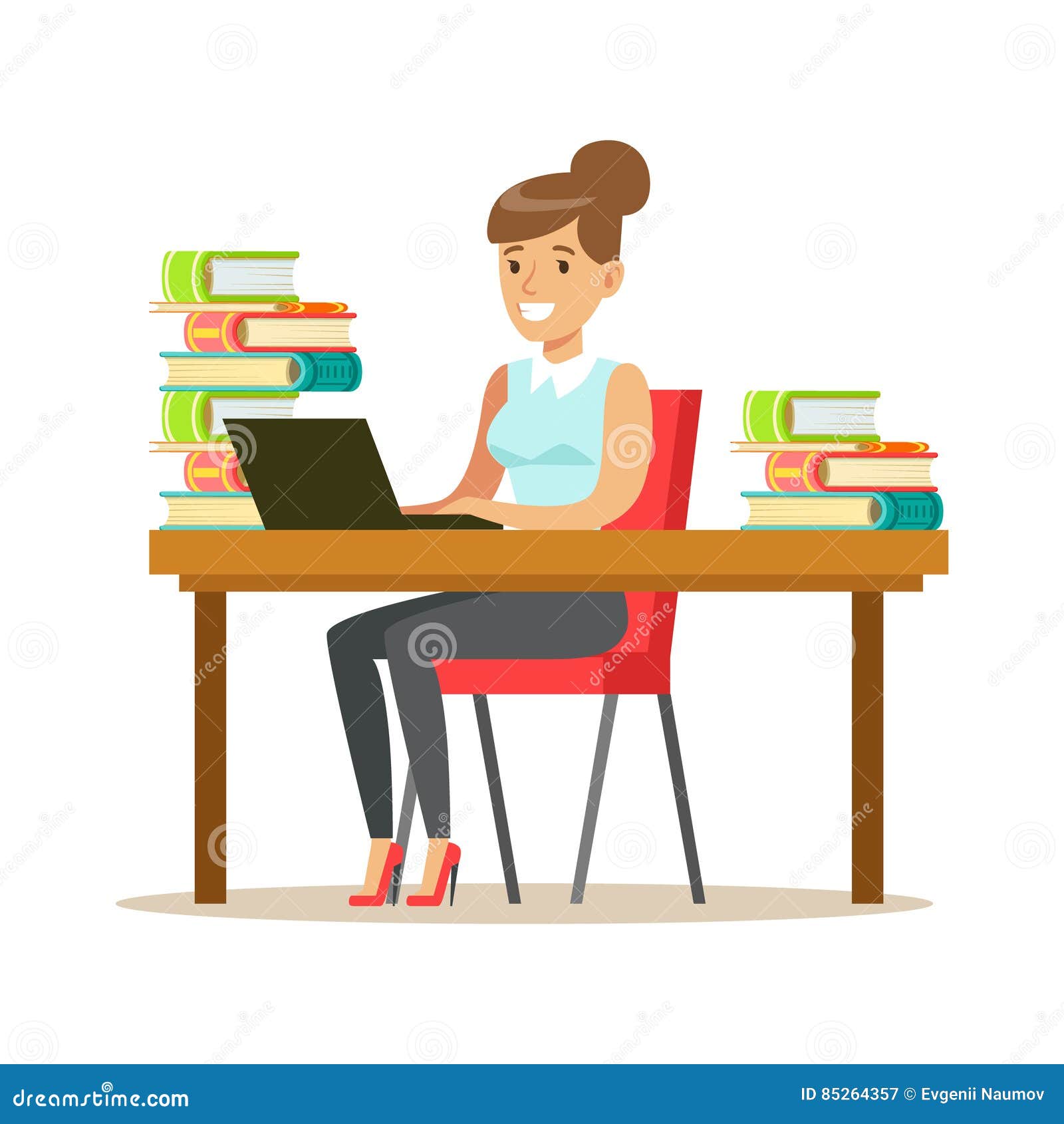 Woman With Lap Top At The Desk Surrounded By Piles Of Books