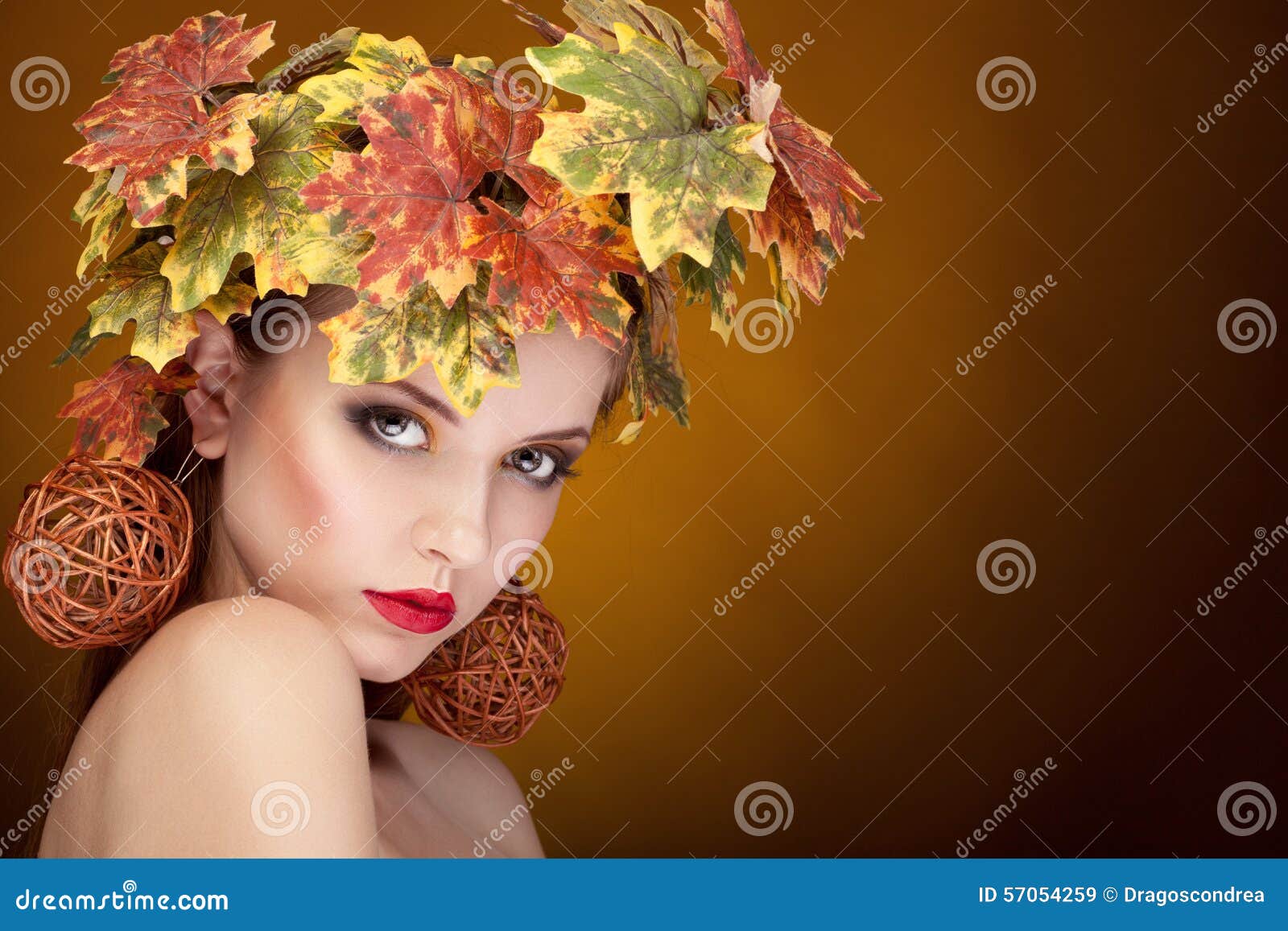 Woman with Leafs on Head in Autumn Concept Stock Image - Image of gold ...