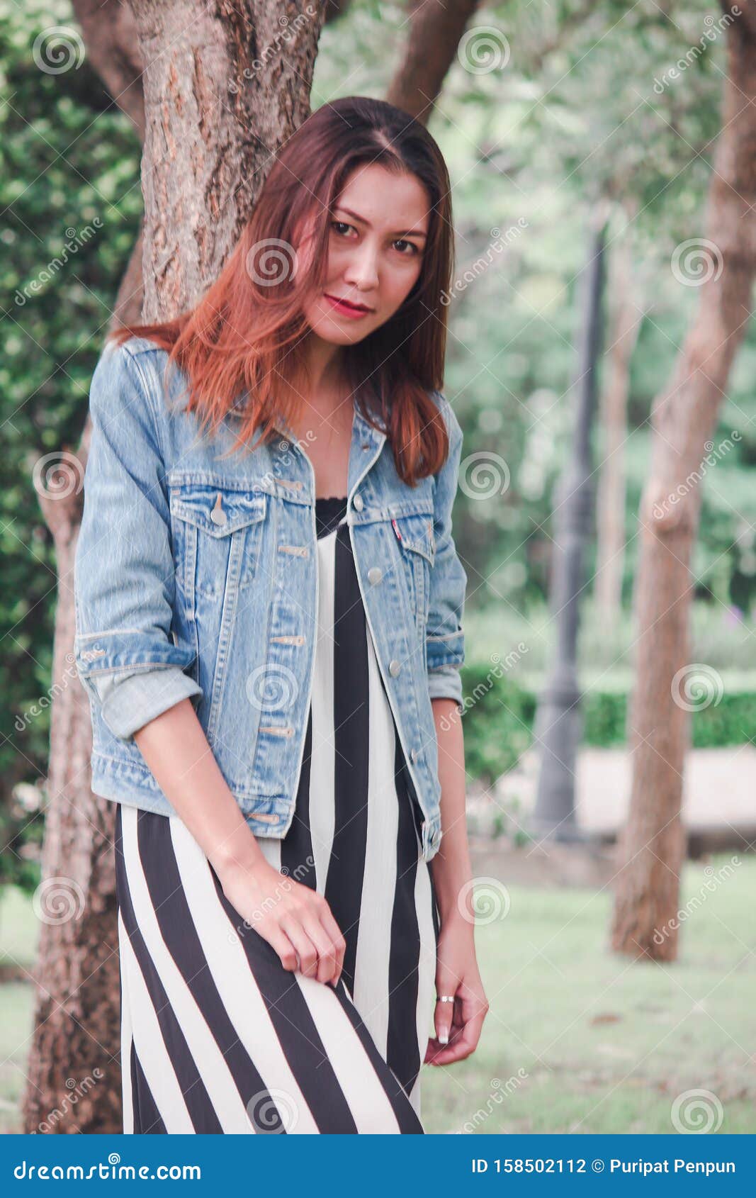 A Woman Leaning Against a Tree in the Park Stock Photo - Image of human ...