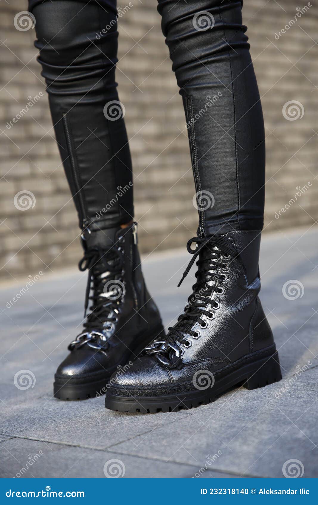 Woman in Leather Black Boots and Jeans Outdoors. Close Up of Female ...