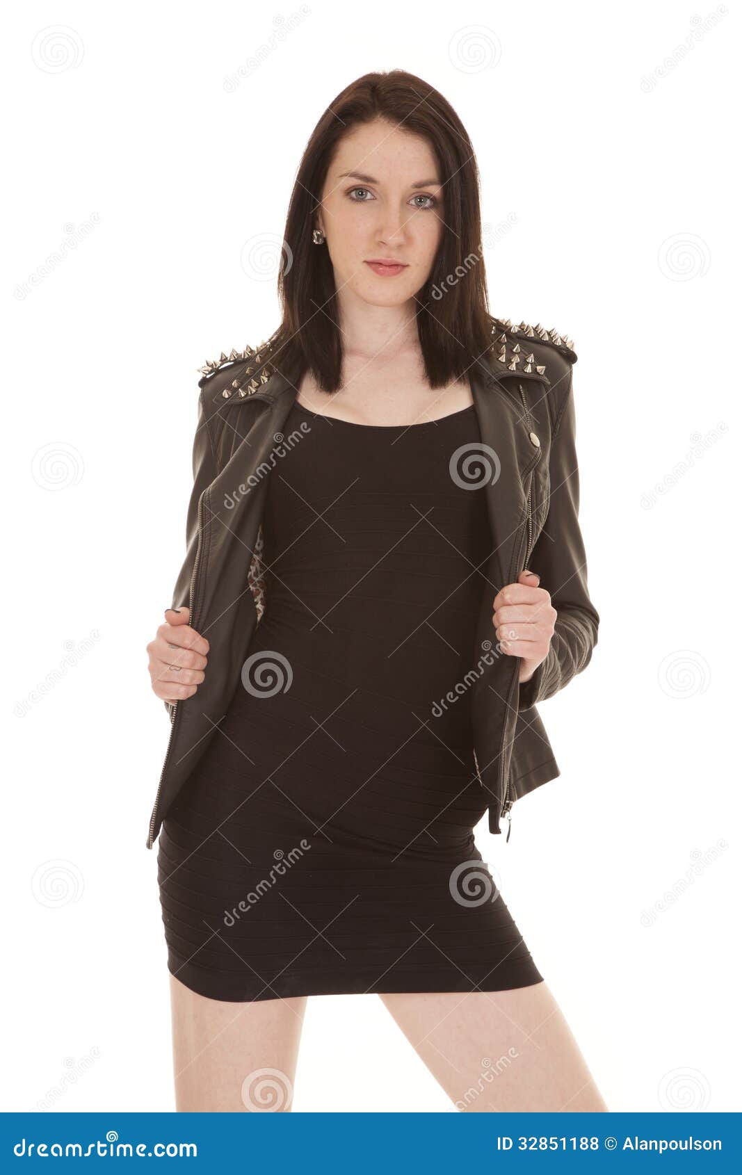 Woman Leather Jacket Hold Look Serious Stock Photo - Image of clothing ...