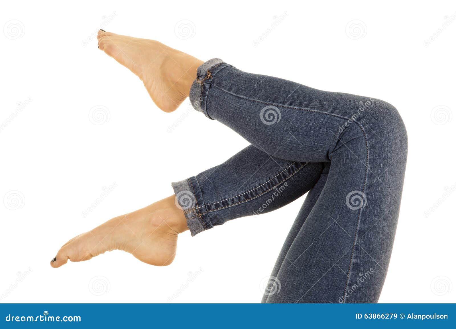 Woman Legs in Denim Pants Barefoot Up Stock Image - Image of beautiful ...