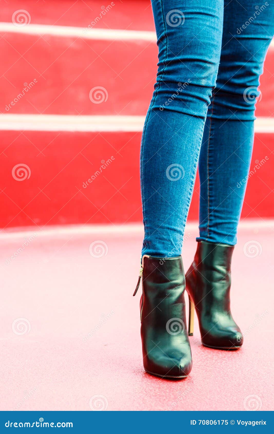 Woman Legs in Denim Pants Heels Boots Outdoor Stock Image - Image of ...