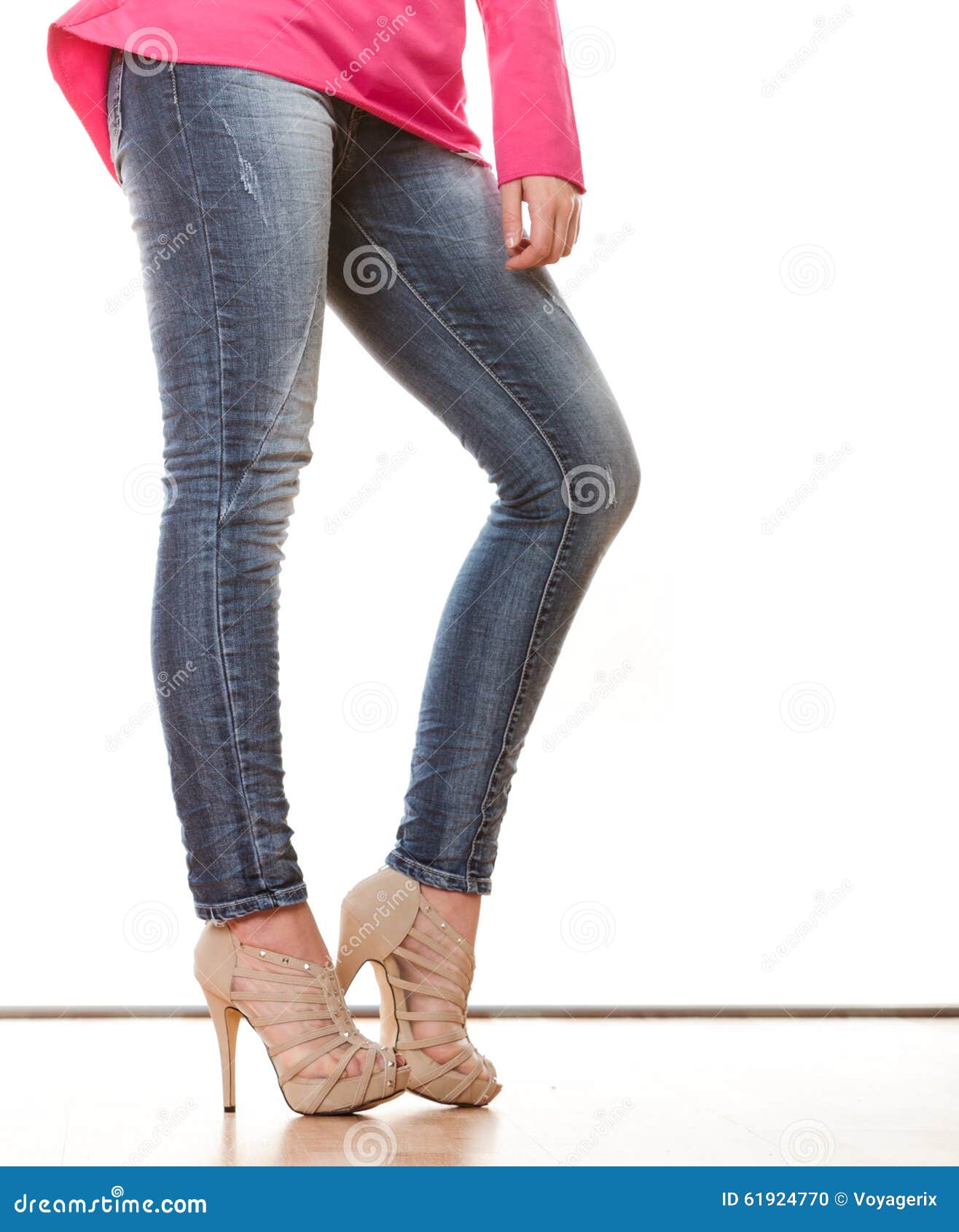 Woman Legs in Denim Trousers High Heels Shoes Stock Photo - Image of ...