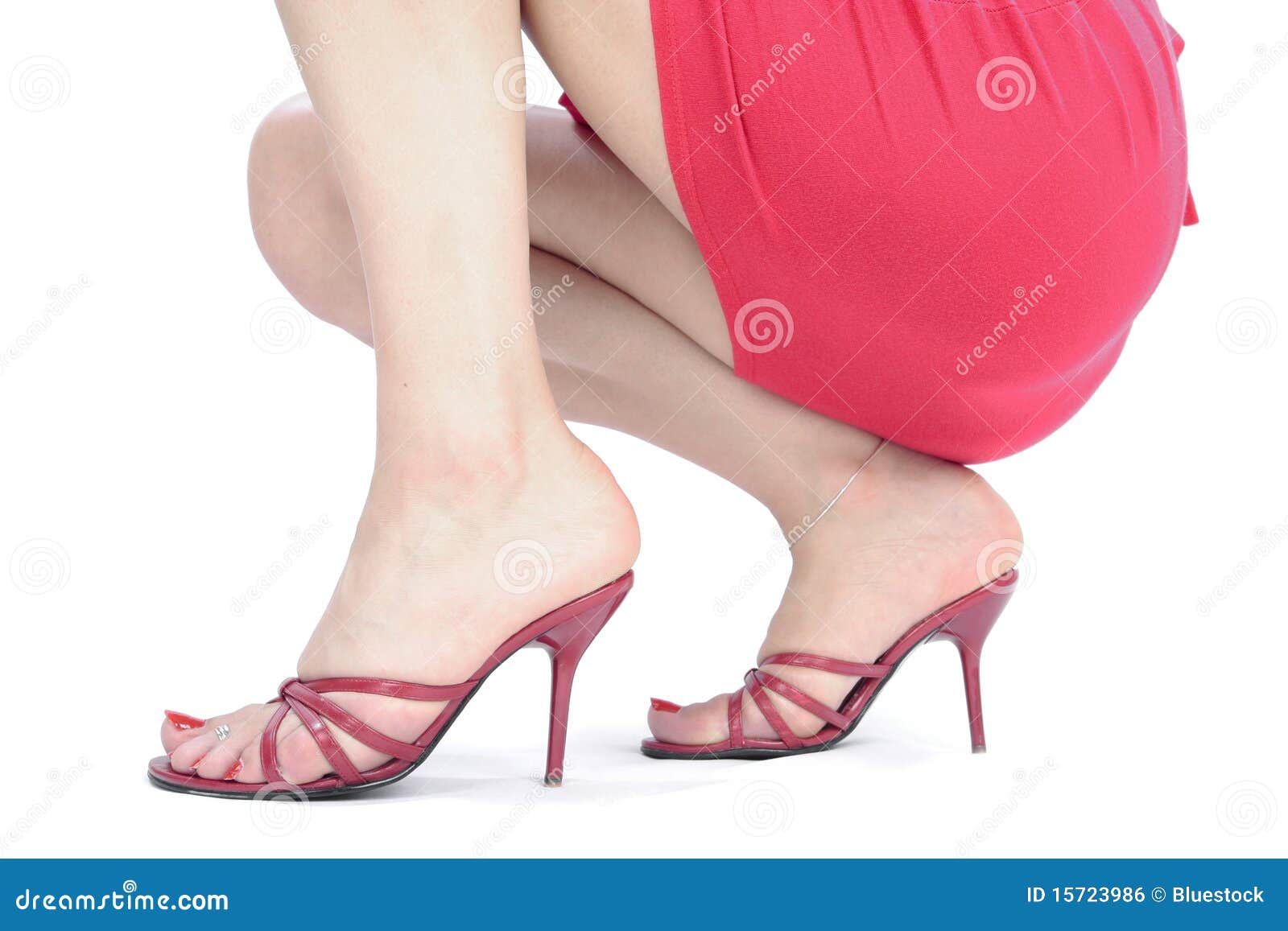 Woman Legs and Feet with Red Dress Over White Stock Photo - Image of ...