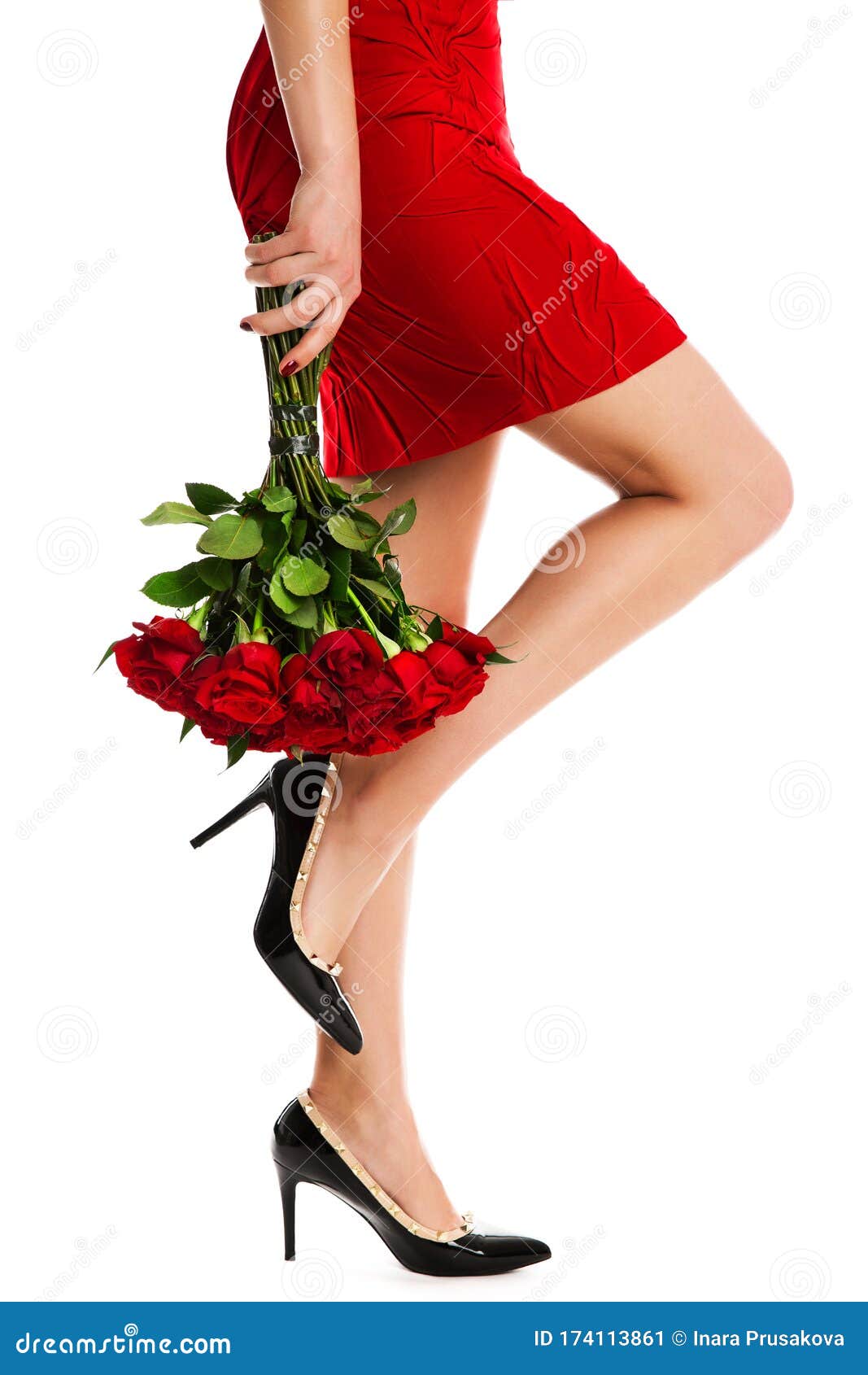 Woman Legs Red Dress And Flowers Roses Bouquet Beautiful Girl In High Heels Shoes On White Stock Image Image Of Girls Fashion