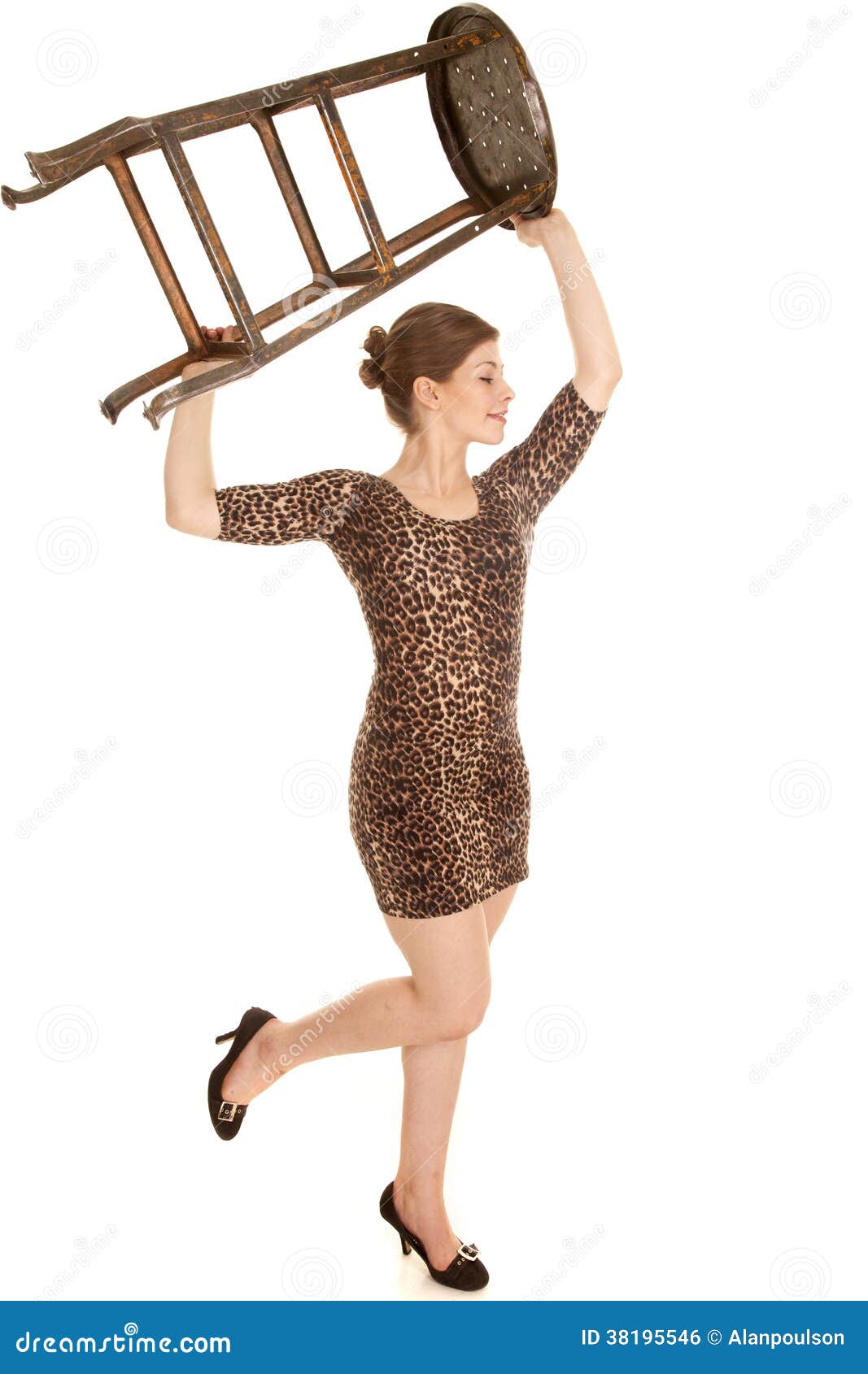 Woman Leopard Dress Hold Chair Up Leg Up Stock Photo Image Of Lady Bright 38195546