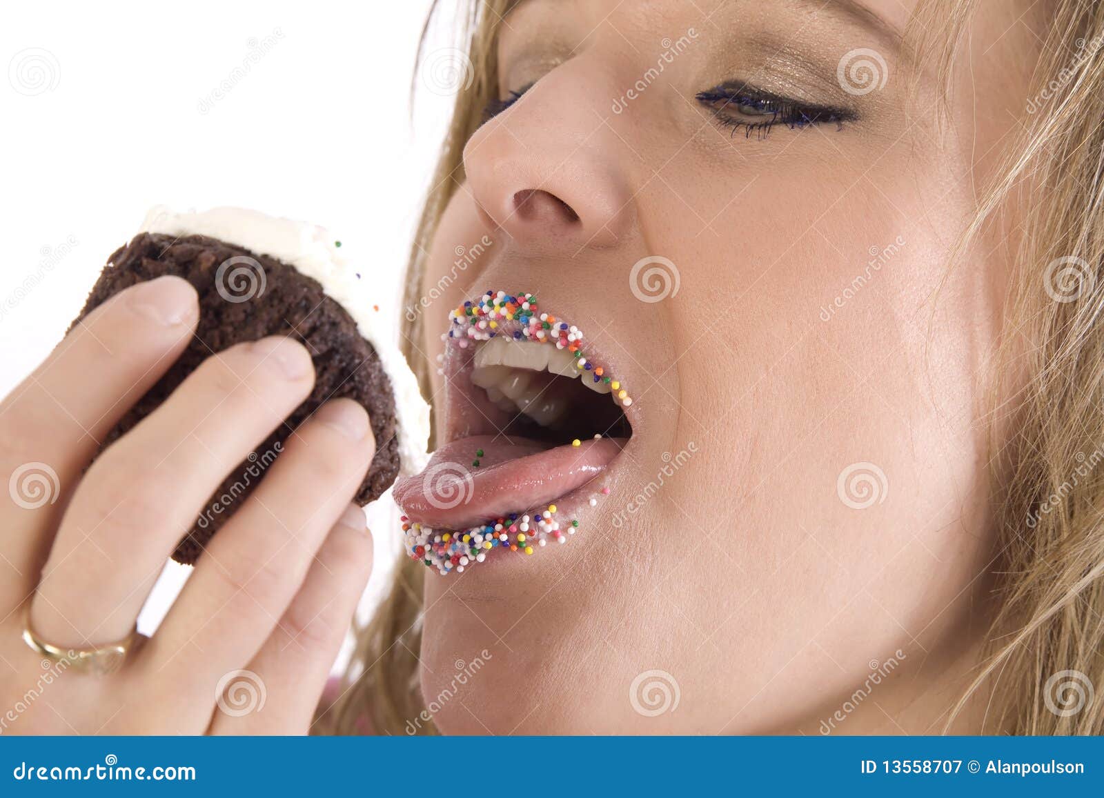 Woman Licking Cupcake Stock Image Image Of Chocolate 13558707