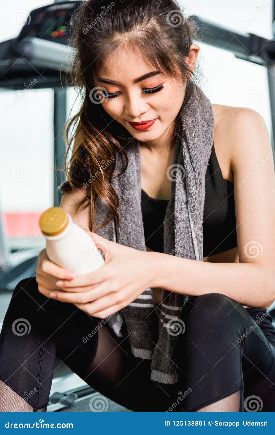 Woman Lifestyle Sitting Shake Milk After Training Exercise Workout Stock Image Image Of Drink