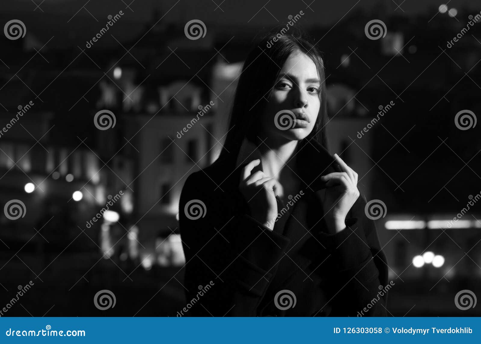 Woman in Light of Street Lamps, Girl at Night City Stock Photo - Image ...