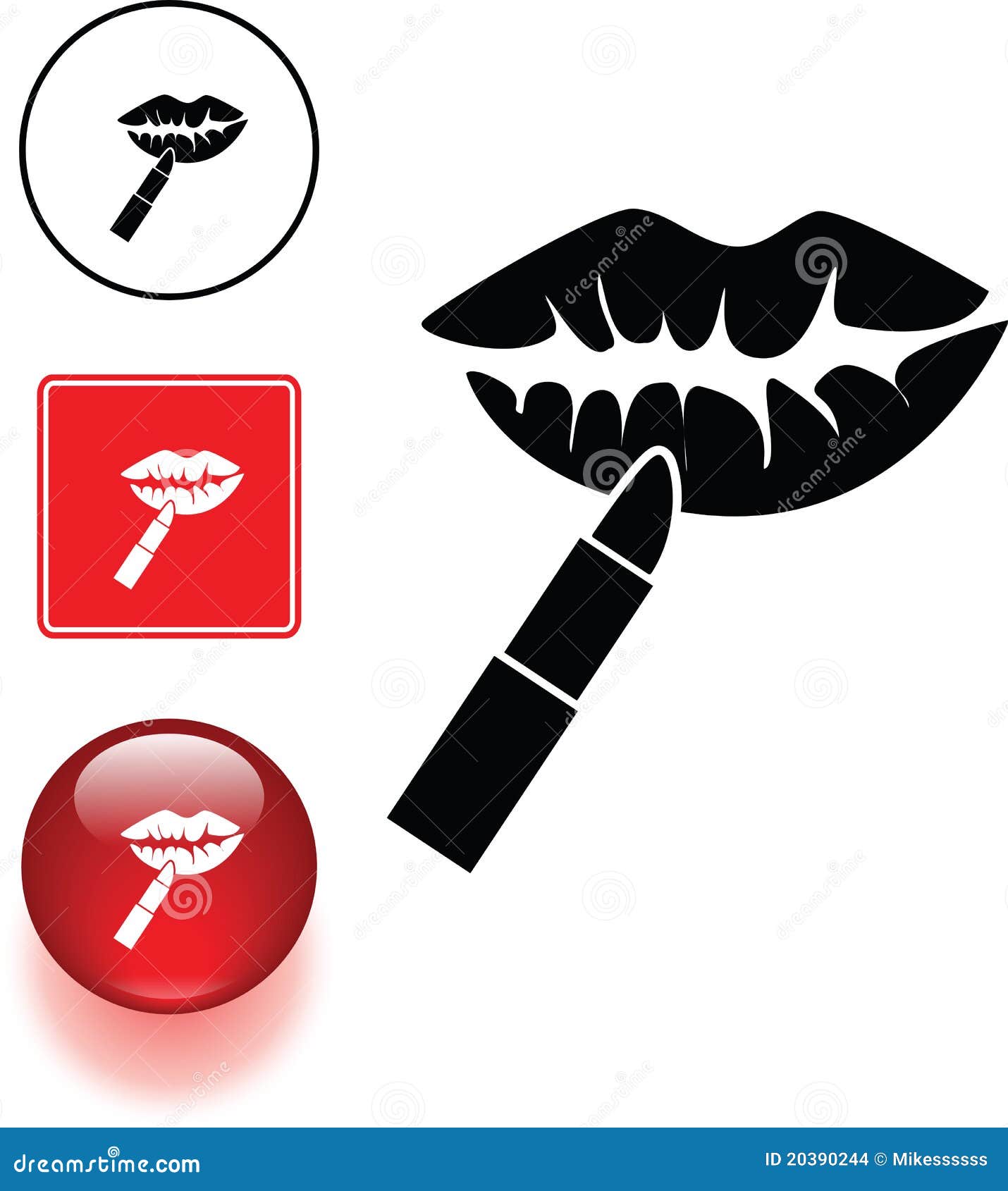 Woman Lips and Lipstick Symbol Sign and Button Stock Vector