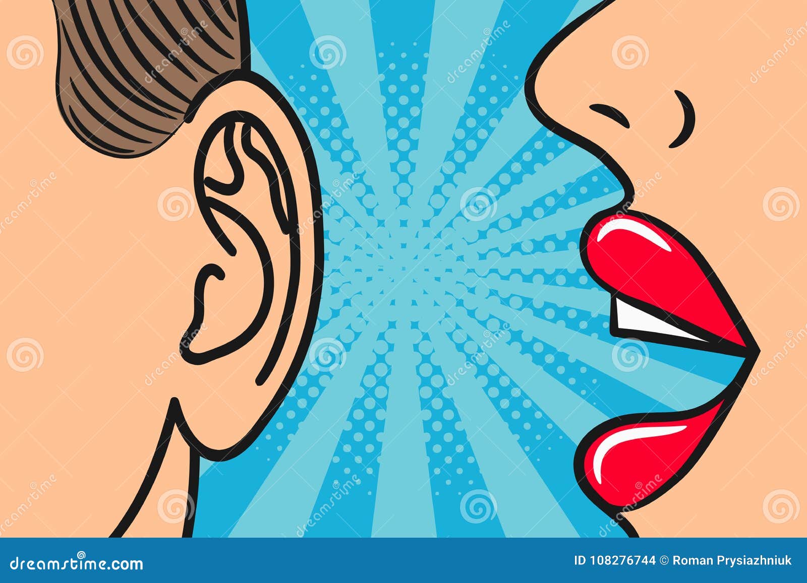 woman lips whispering in mans ear with speech bubble. pop art style, comic book . secrets and gossip concept.