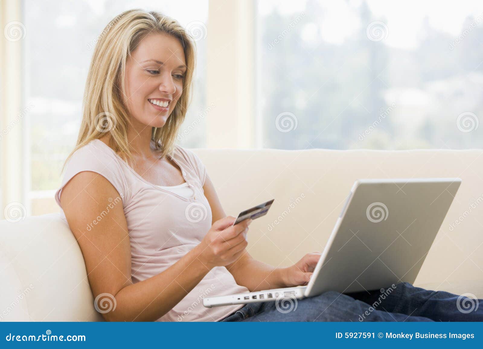 Woman in Living Room Using Laptop Stock Image - Image of finance ...