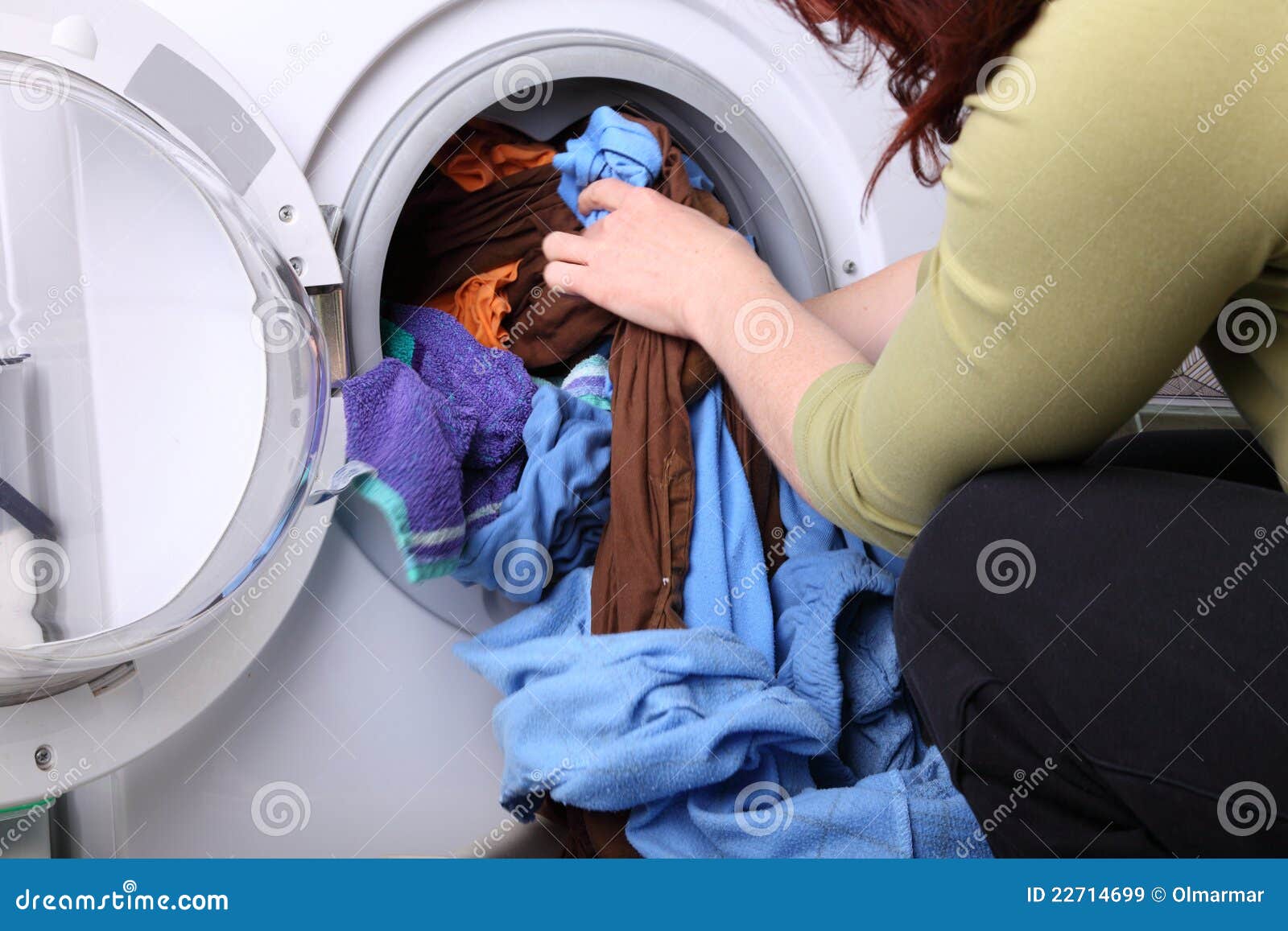 Woman Loading the Washing Machine in Bathroom Stock Image Image of