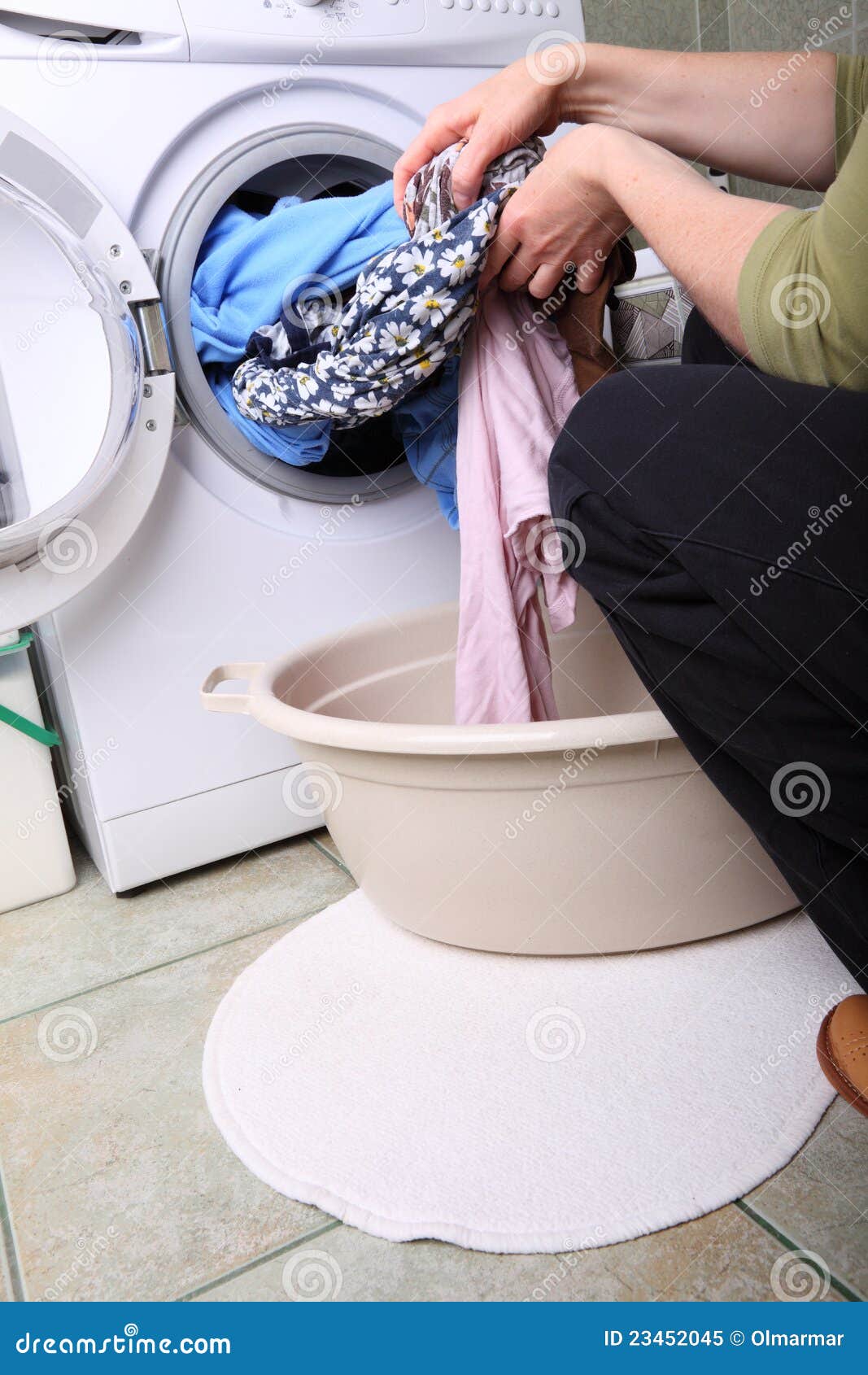 Woman Loading the Washing Machine in Bathroom Stock Image Image of