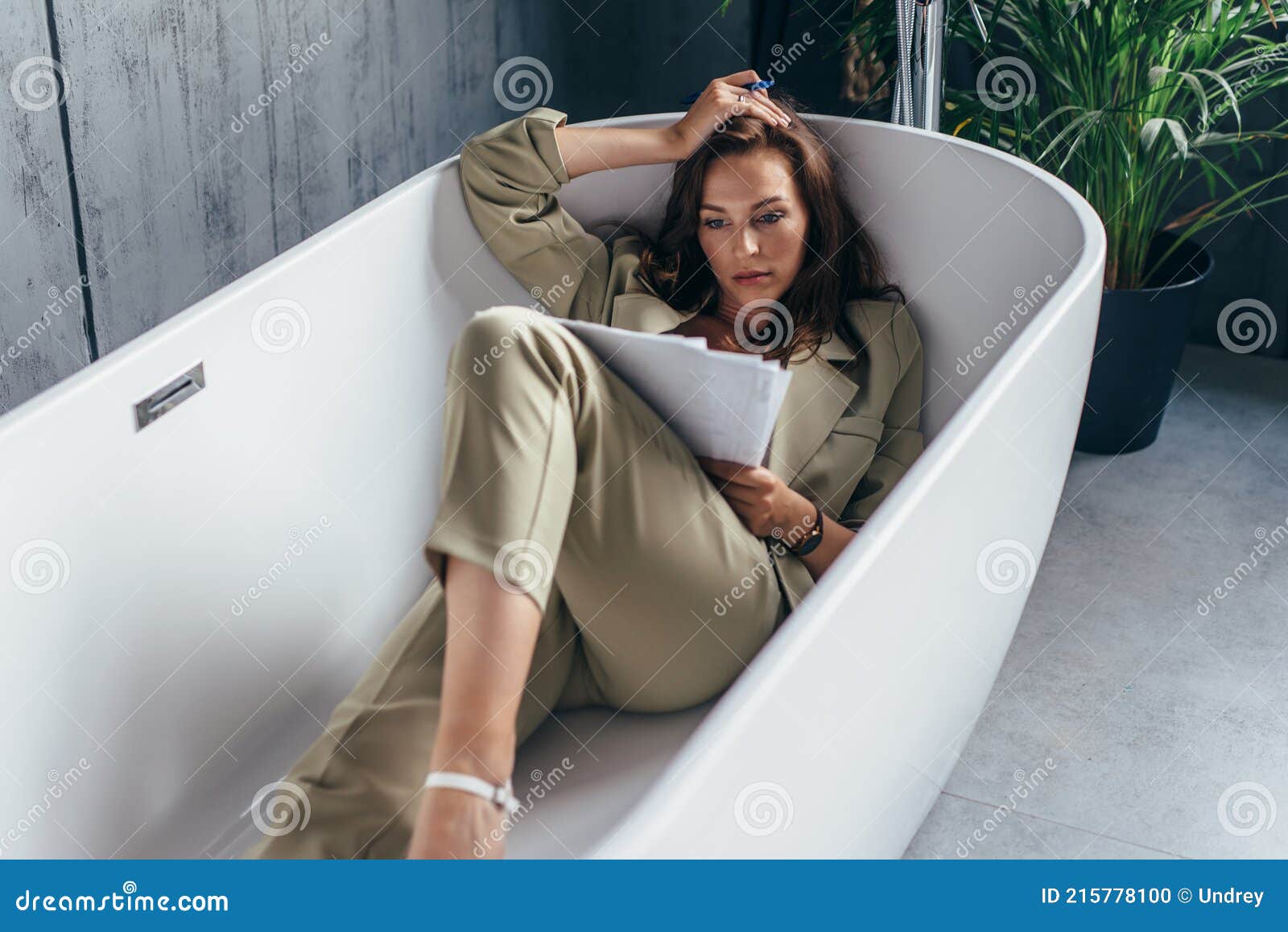 Woman Locked Herself In The Bathroom To Work With Documents Work From Home Stock Photo Image