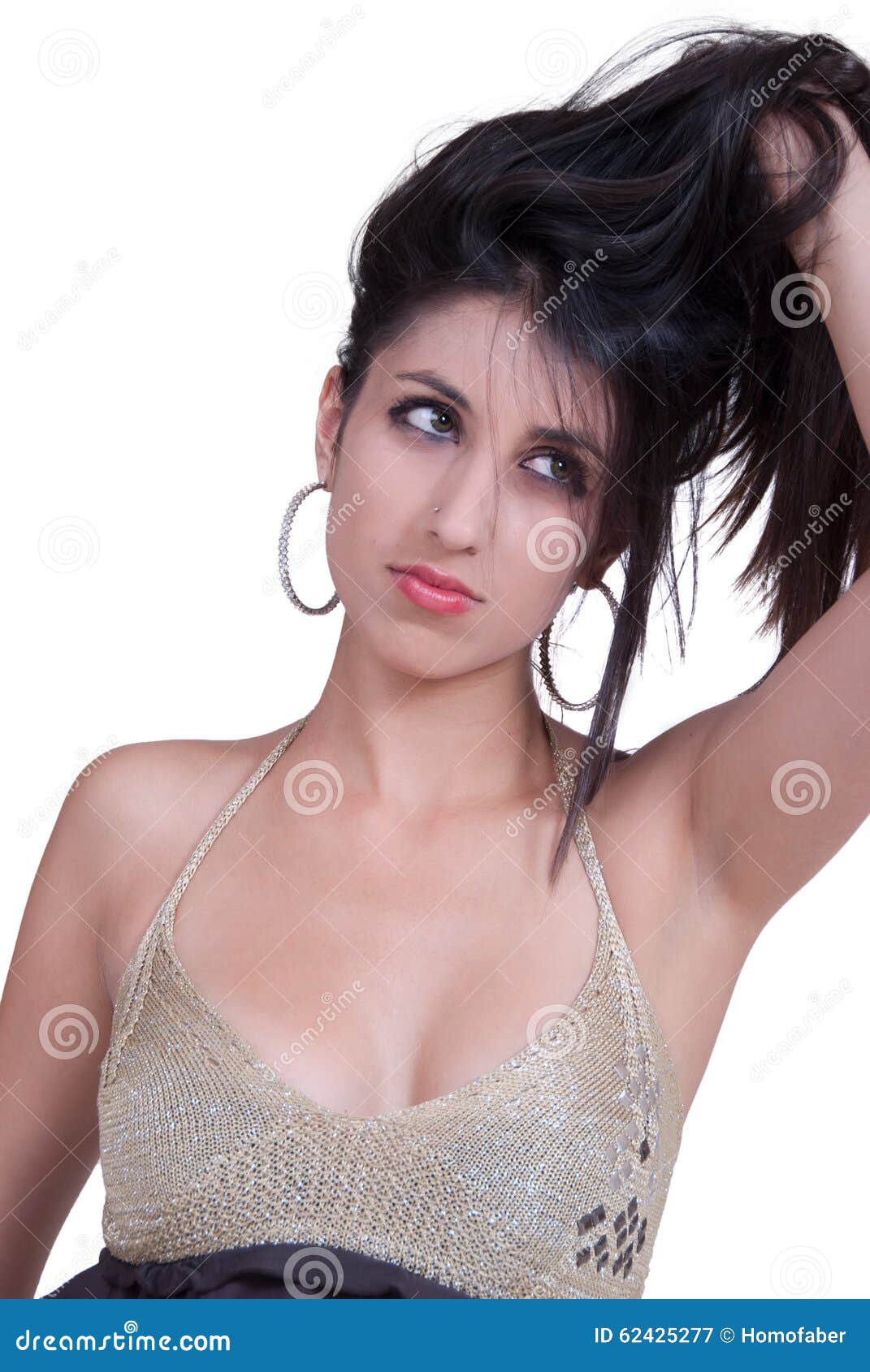 woman with long brunette hair wear decollete dress