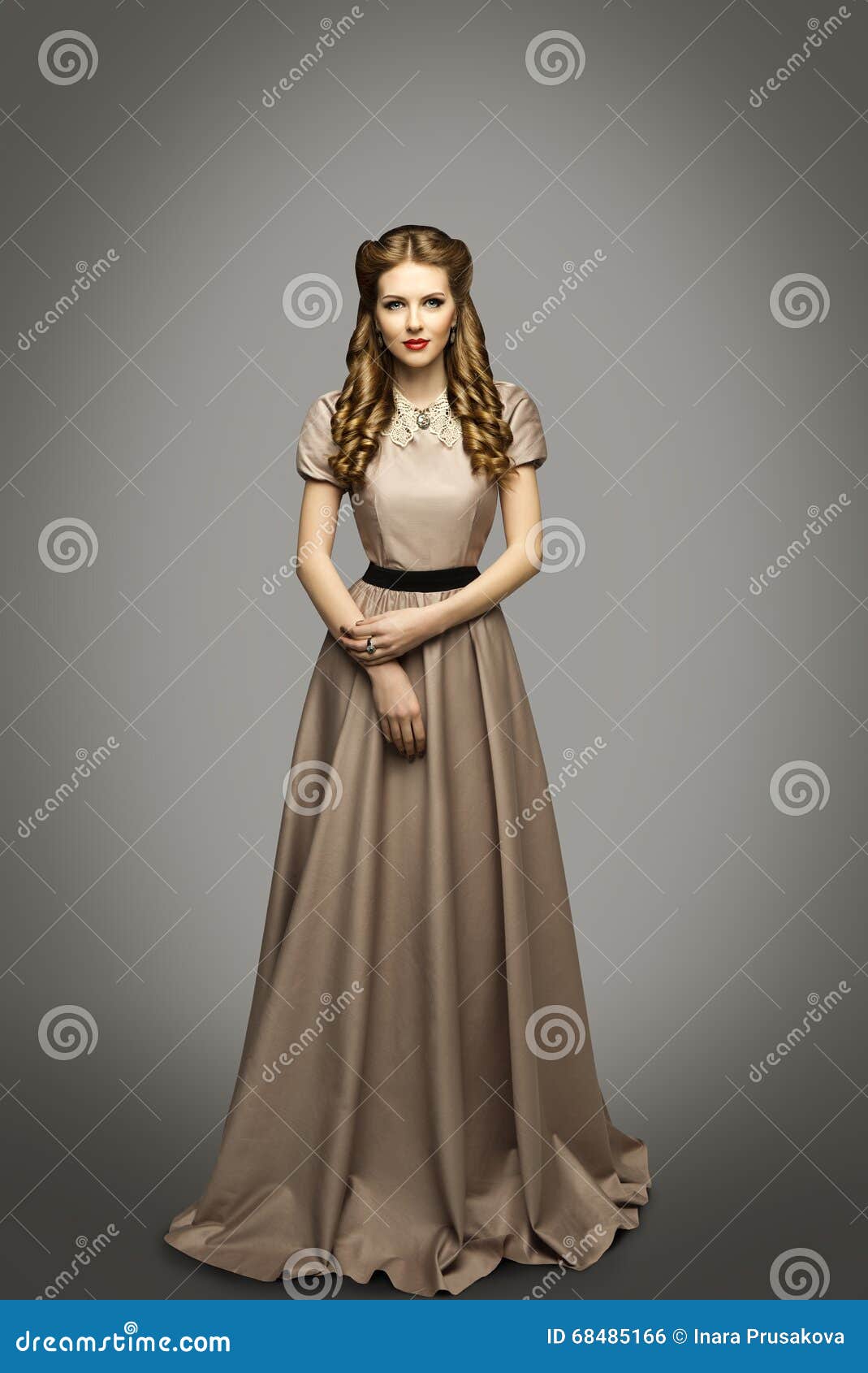 woman long dress, fashion model in historical gown gray