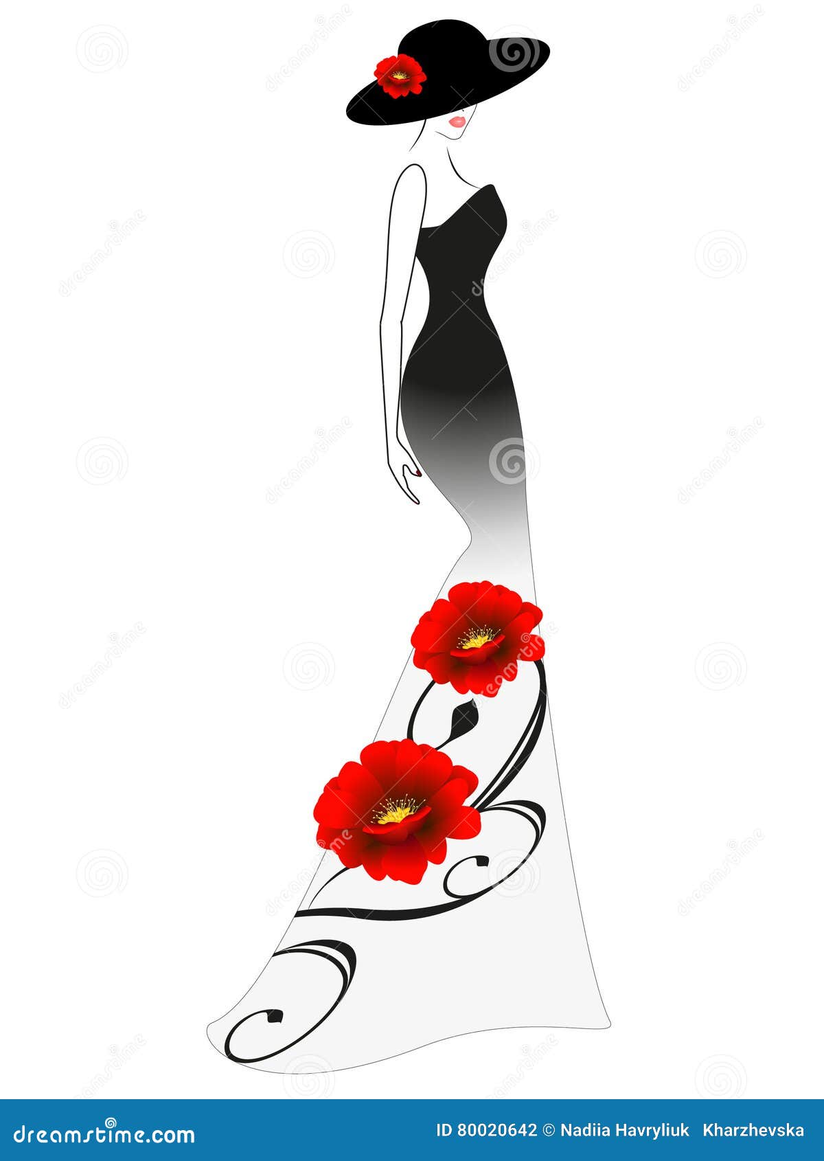 A Woman in a Long Dress and Hat with Red Flower. Stock Vector ...