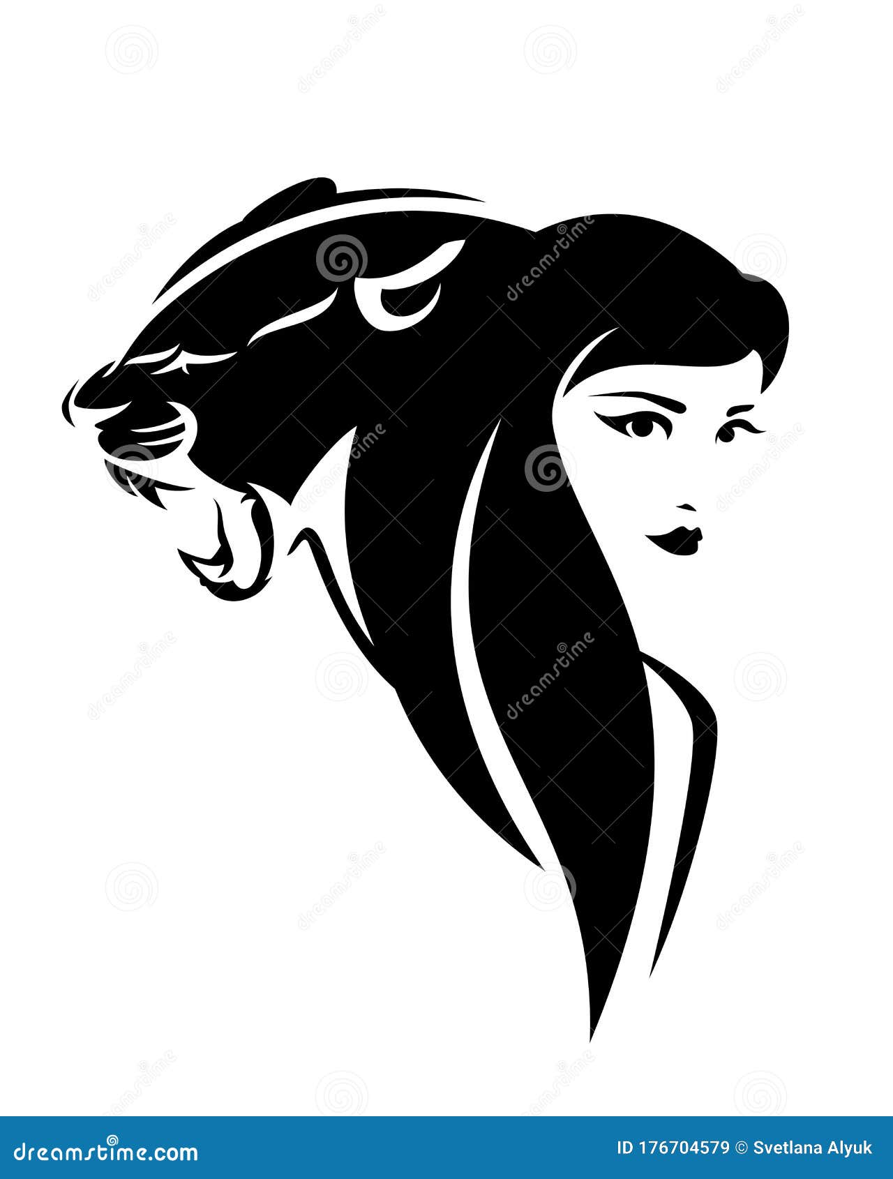 Woman with Long Hair and Black Panther Vector Portrait Stock Vector