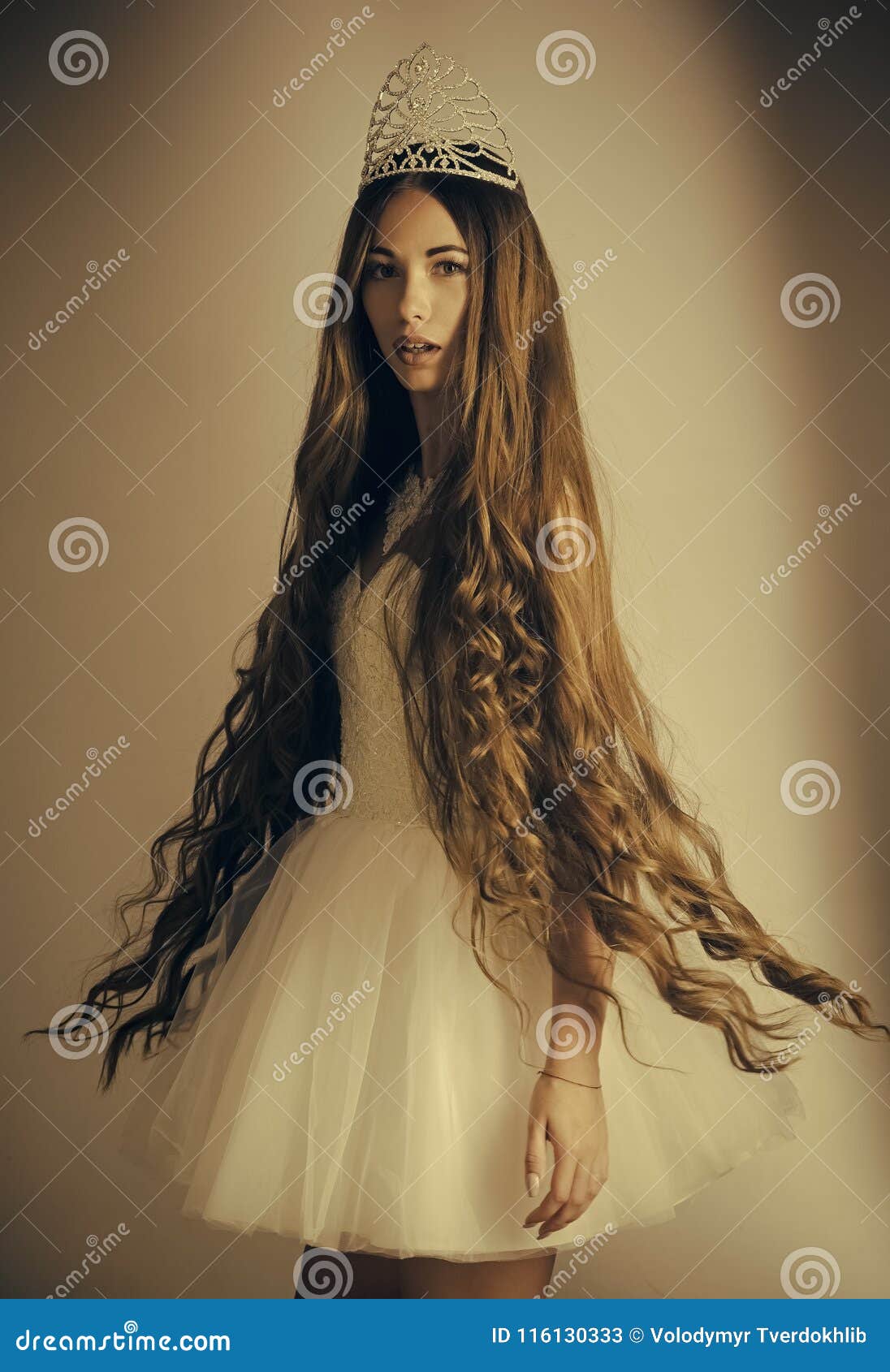 Woman with Long Hair White Dress and Crown. Stock Image - Image of hairy,  lady: 116130333