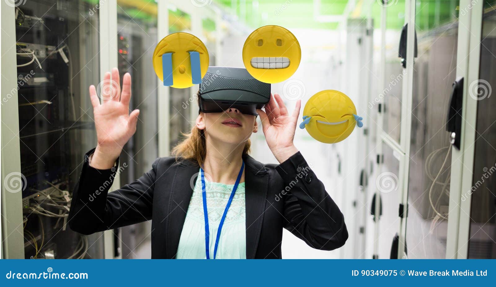 Woman Looking at Emojis through VR Glasses Stock Illustration