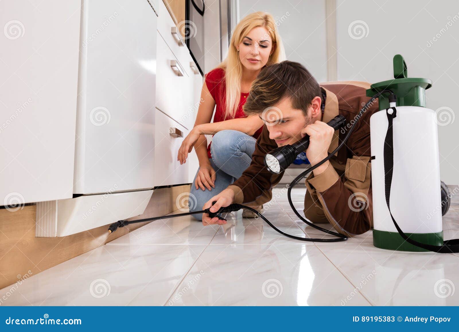 woman looking at male worker spraying insecticide