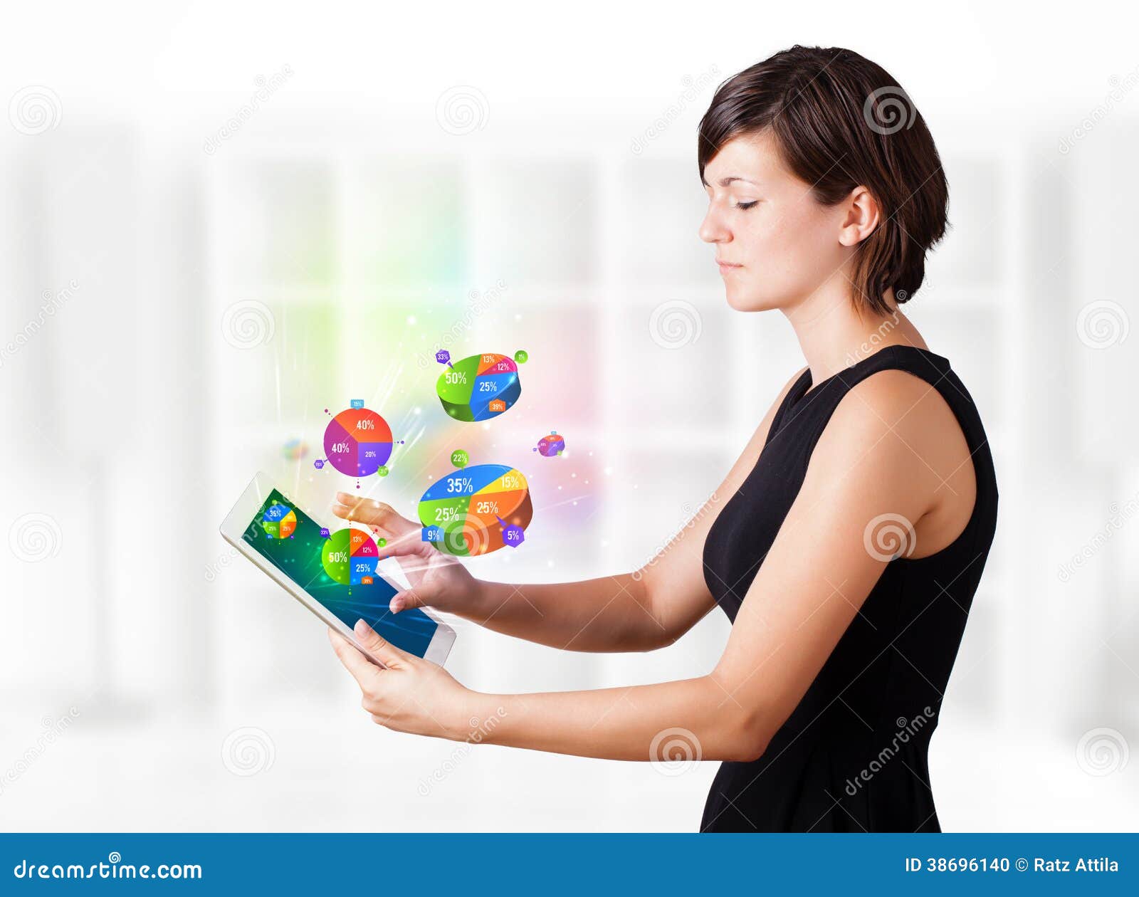 woman looking at modern tablet with piecharts
