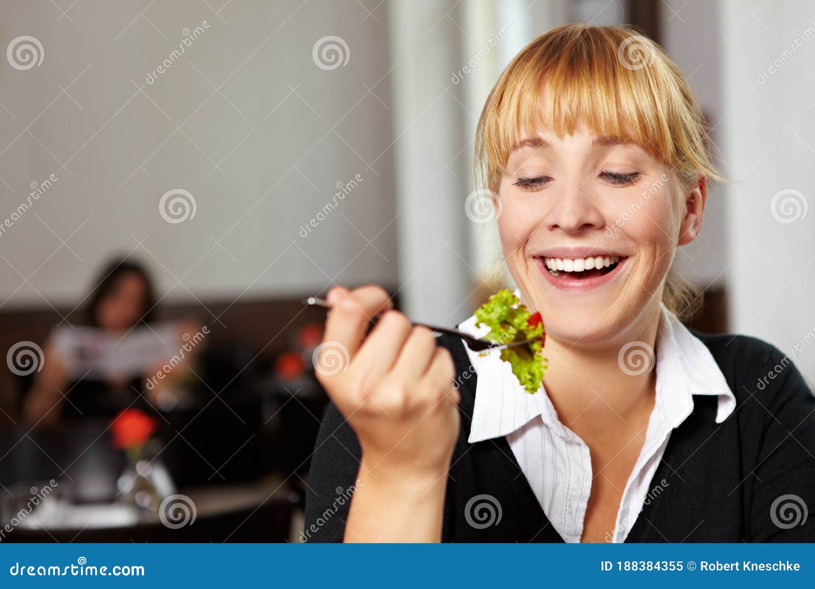 Woman Looks at Salad on Fork Stock Image Image of gastronomy, woman