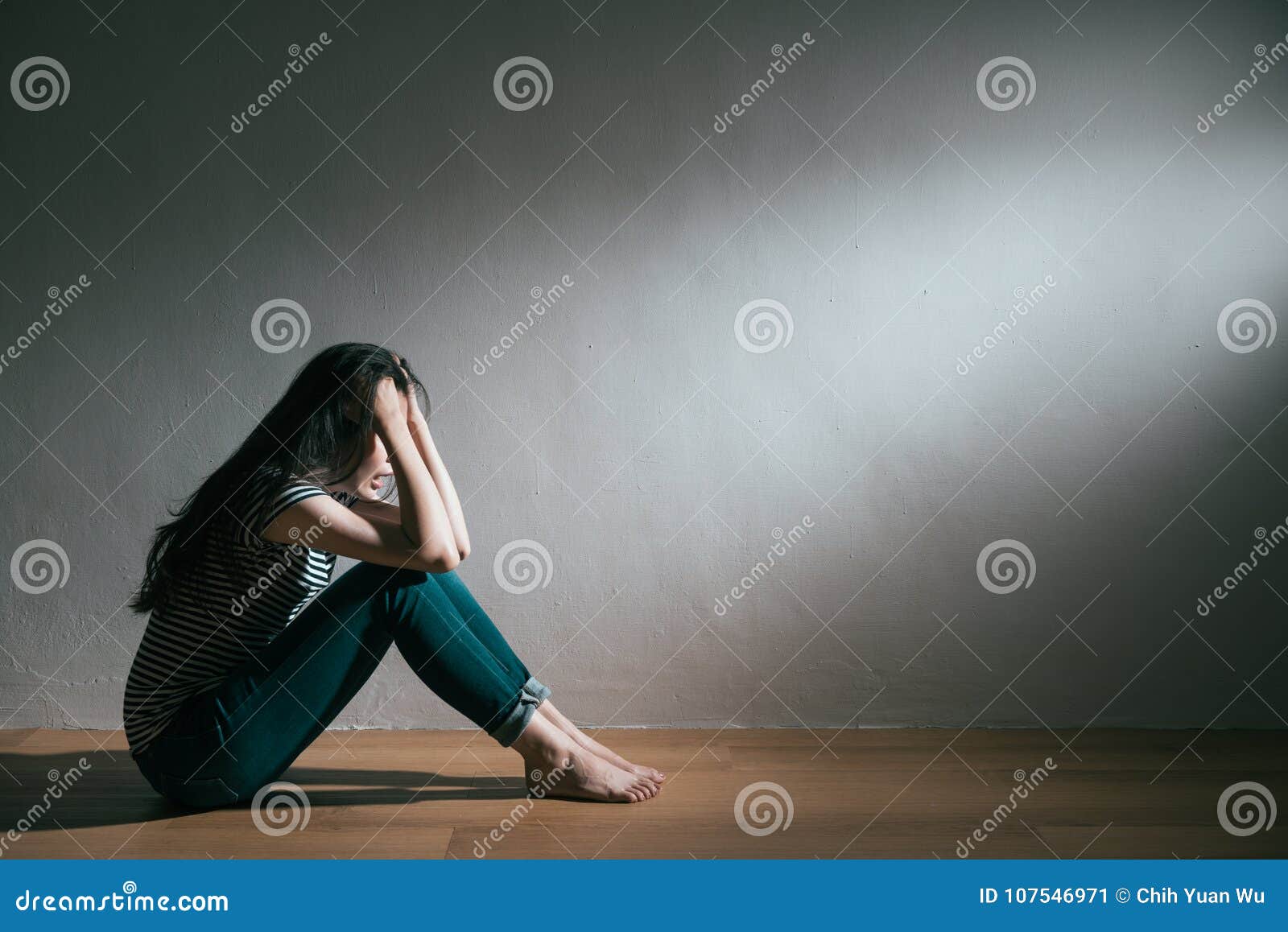 Woman Love Broken Sitting on Wooden Floor Crying Stock Image ...