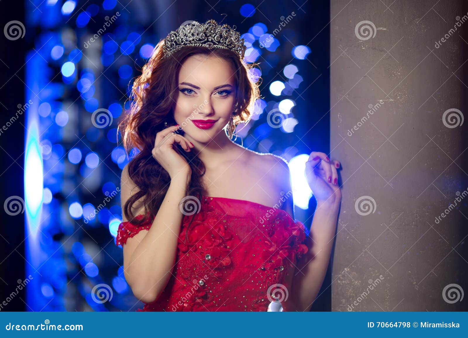 Woman In Lux Dress With Crown Like Queen, Princess, Lights ...